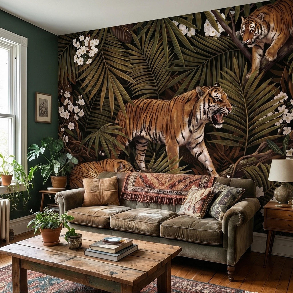 Tigers and Palm Leaves Peel and Stick Wall Mural, Dark Olive Jungle Botanical with White Blossoms Moody Noir Tropical Tiger Animal Wallpaper
