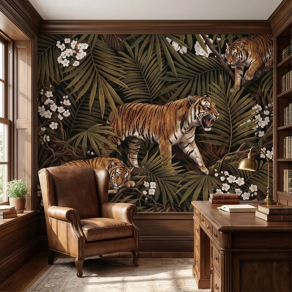 Tigers and Palm Leaves Peel and Stick Wall Mural, Dark Olive Jungle Botanical with White Blossoms Moody Noir Tropical Tiger Animal Wallpaper