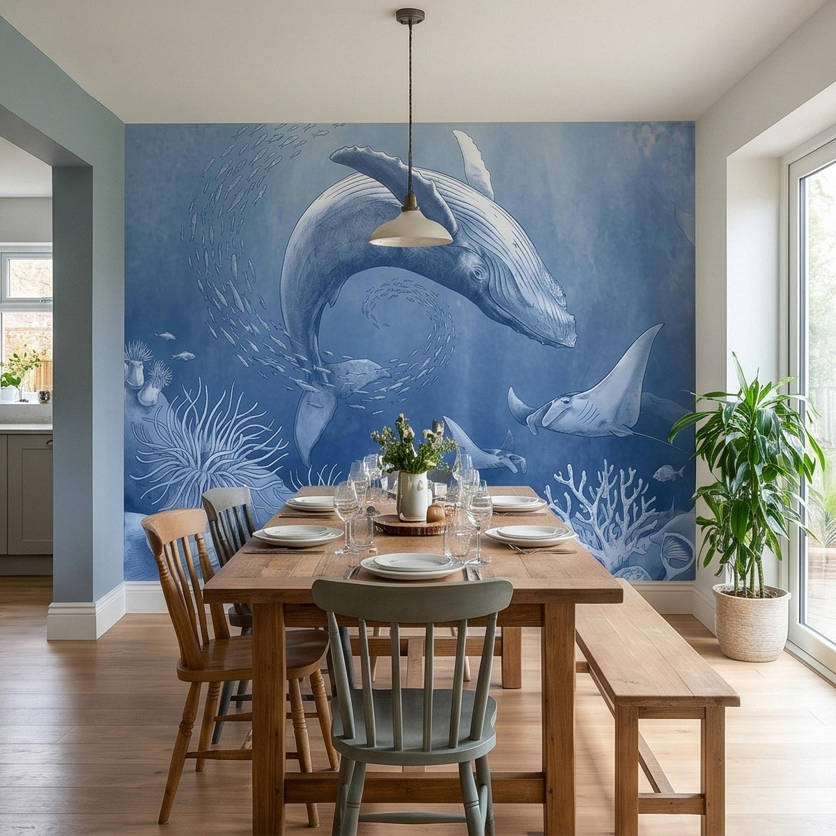 Blue Whale and Stingray Peel and Stick Wall Mural, Vintage Nautical Ocean Toile with Coral, Fish and Sea Life, Coastal Blue Etched Wallpaper - The Fine Art Murals
