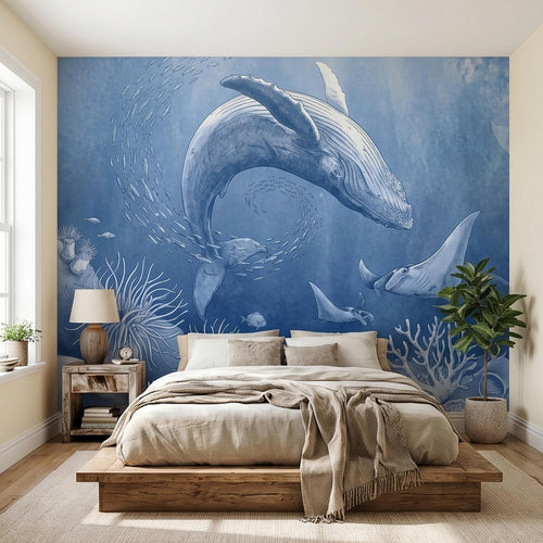 Blue Whale and Stingray Peel and Stick Wall Mural, Vintage Nautical Ocean Toile with Coral, Fish and Sea Life, Coastal Blue Etched Wallpaper - The Fine Art Murals