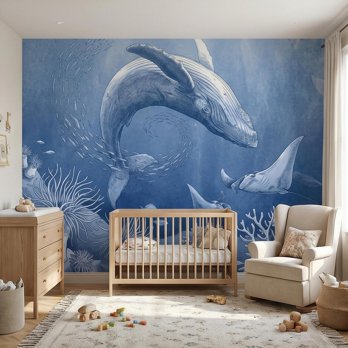 Blue Whale and Stingray Peel and Stick Wall Mural, Vintage Nautical Ocean Toile with Coral, Fish and Sea Life, Coastal Blue Etched Wallpaper - The Fine Art Murals