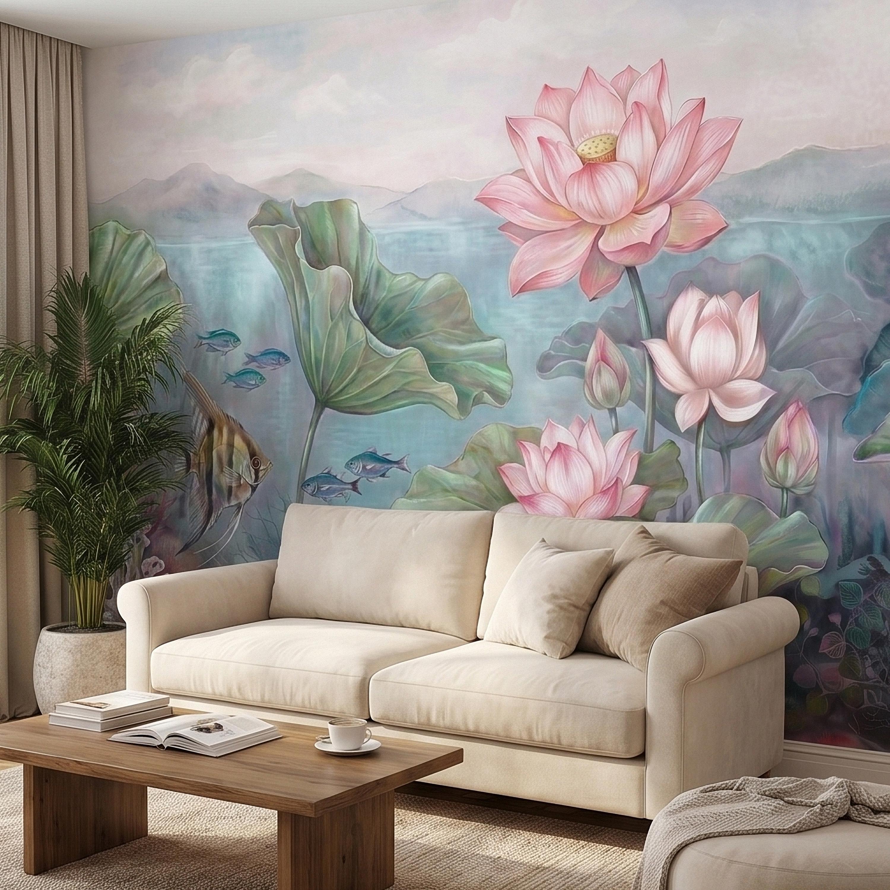 Underwater Lotus and Fish Peel and Stick Wall Mural, Pastel Water Lily Pond with Coral and Angelfish, Soft Coastal Botanical Wallpaper