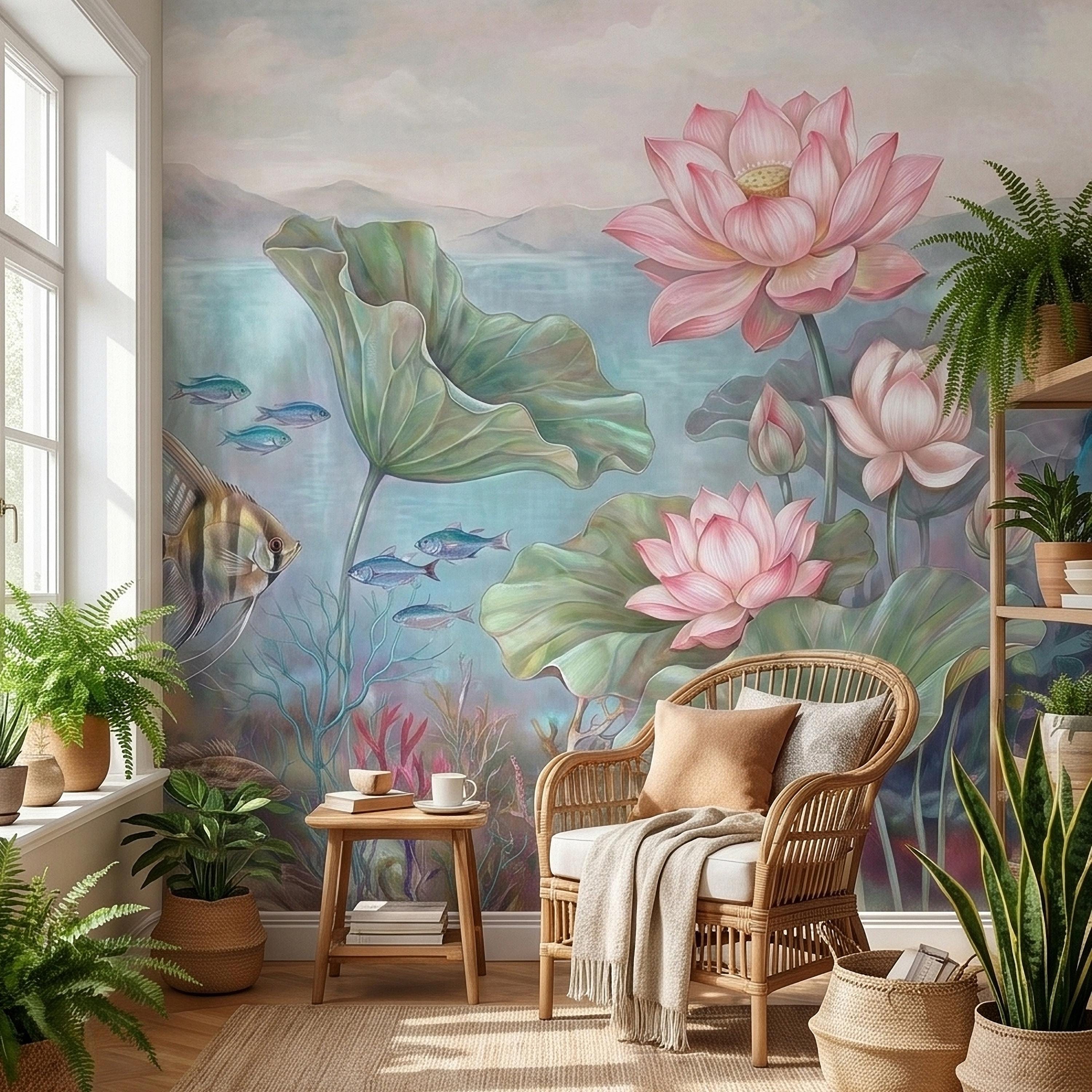 Underwater Lotus and Fish Peel and Stick Wall Mural, Pastel Water Lily Pond with Coral and Angelfish, Soft Coastal Botanical Wallpaper