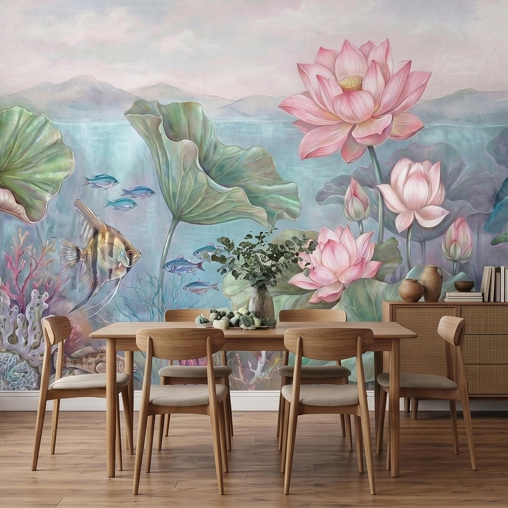 Underwater Lotus and Fish Peel and Stick Wall Mural, Pastel Water Lily Pond with Coral and Angelfish, Soft Coastal Botanical Wallpaper