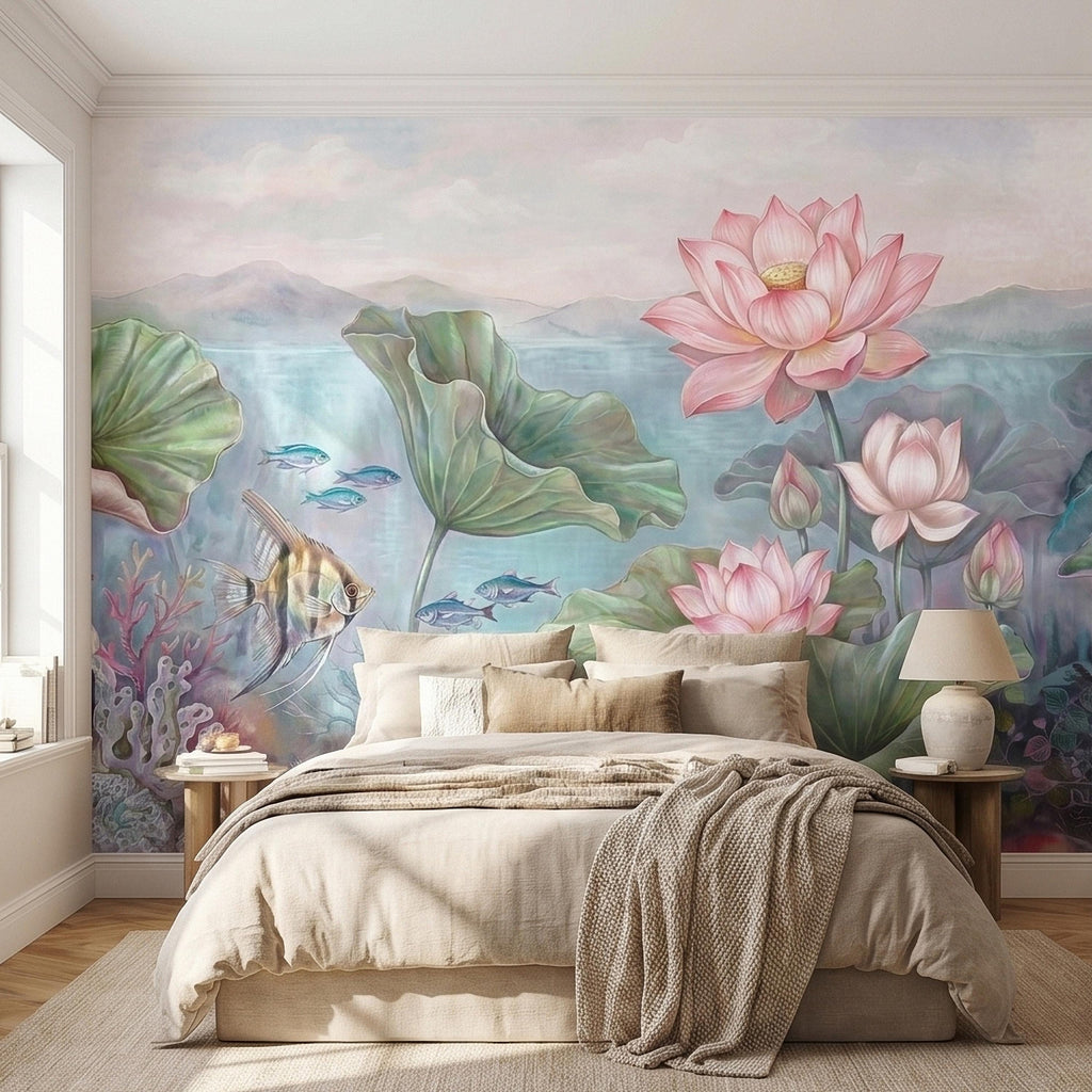 Underwater Lotus and Fish Peel and Stick Wall Mural, Pastel Water Lily Pond with Coral and Angelfish, Soft Coastal Botanical Wallpaper