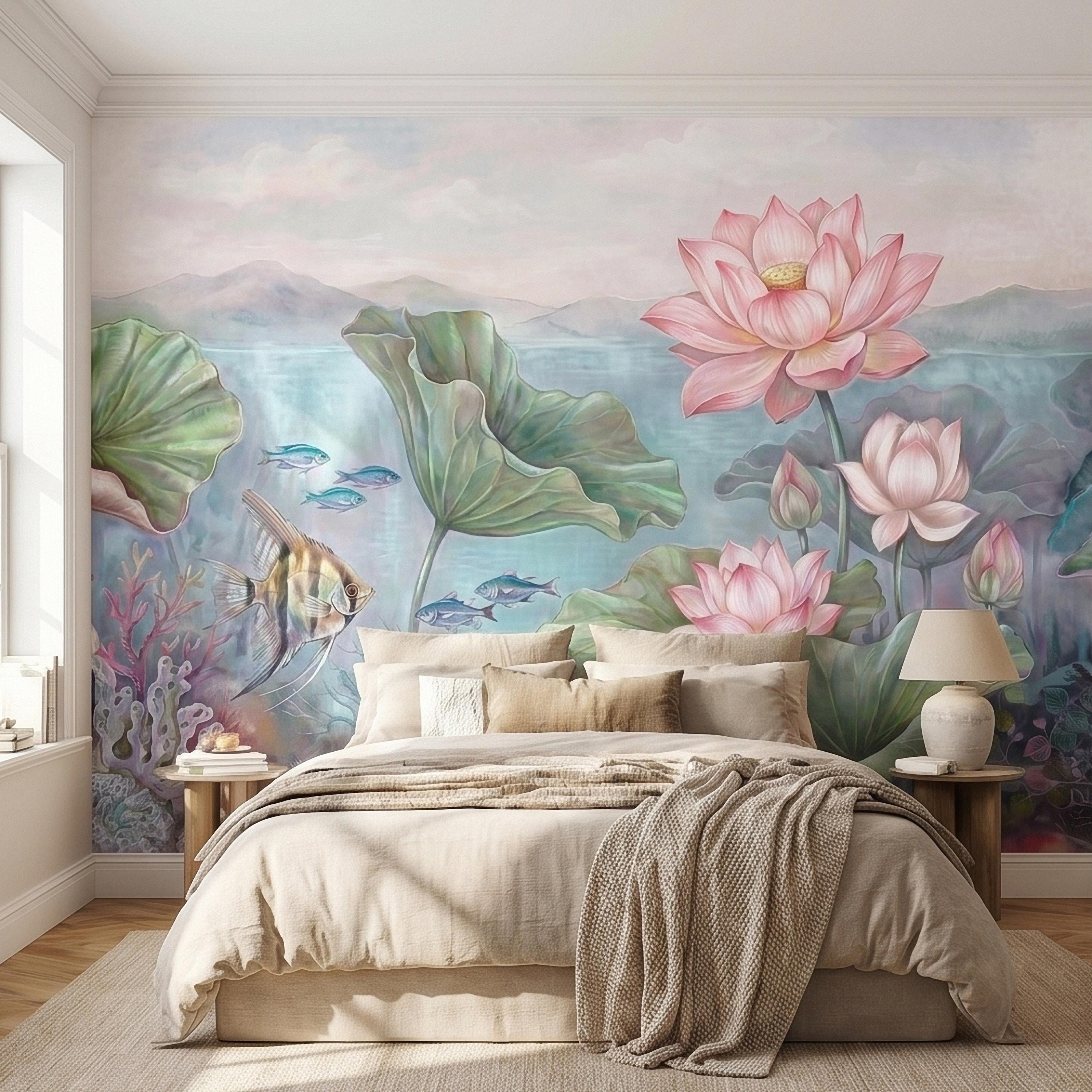 Underwater Lotus and Fish Peel and Stick Wall Mural, Pastel Water Lily Pond with Coral and Angelfish, Soft Coastal Botanical Wallpaper