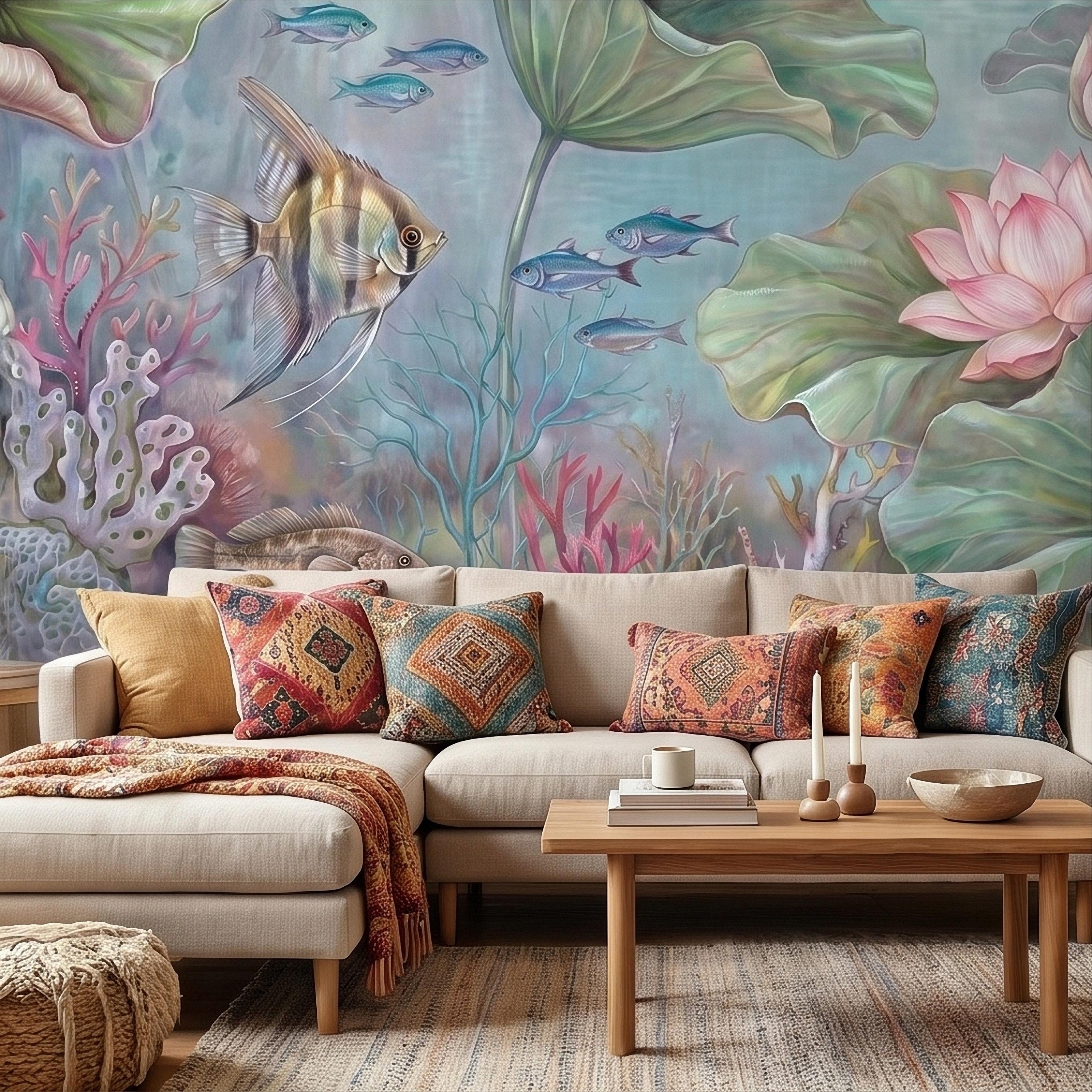Underwater Lotus and Fish Peel and Stick Wall Mural, Pastel Water Lily Pond with Coral and Angelfish, Soft Coastal Botanical Wallpaper