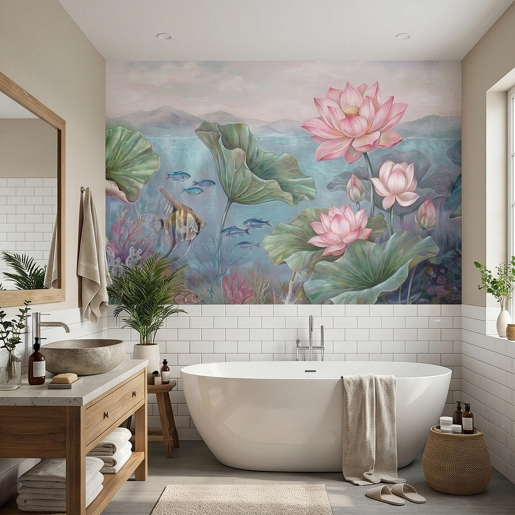 Underwater Lotus and Fish Peel and Stick Wall Mural, Pastel Water Lily Pond with Coral and Angelfish, Soft Coastal Botanical Wallpaper