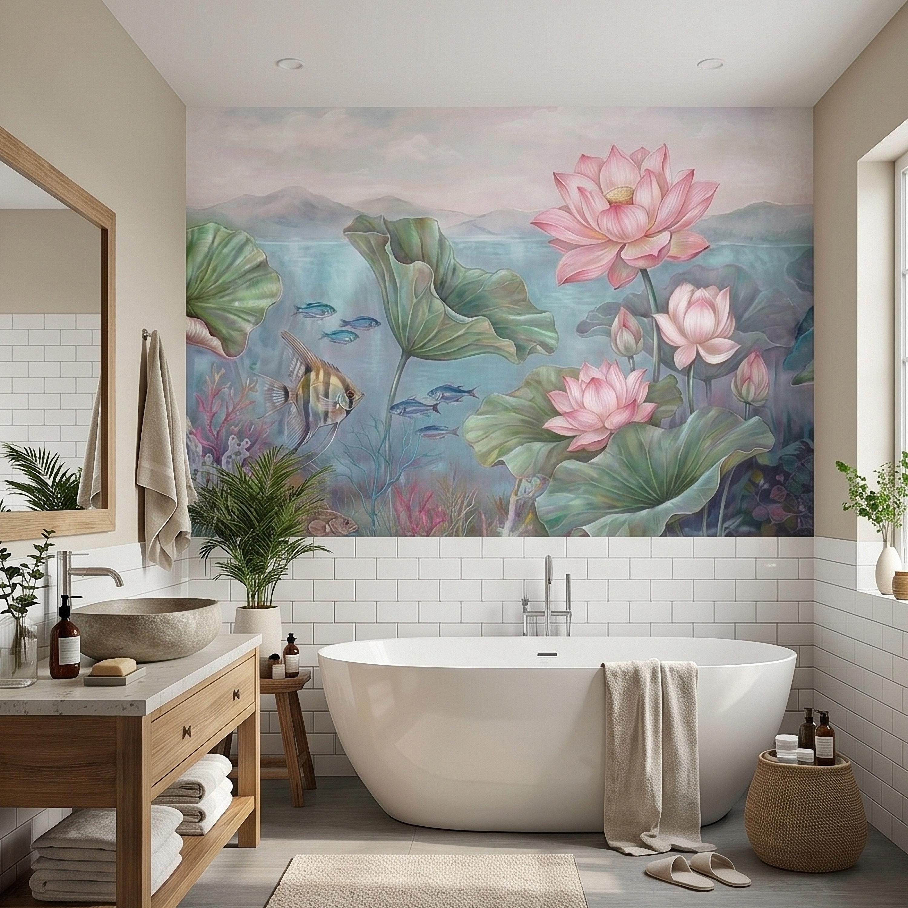 Underwater Lotus and Fish Peel and Stick Wall Mural, Pastel Water Lily Pond with Coral and Angelfish, Soft Coastal Botanical Wallpaper