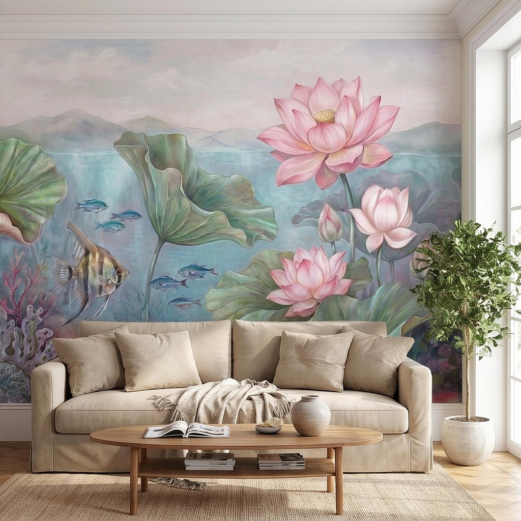 Underwater Lotus and Fish Peel and Stick Wall Mural, Pastel Water Lily Pond with Coral and Angelfish, Soft Coastal Botanical Wallpaper