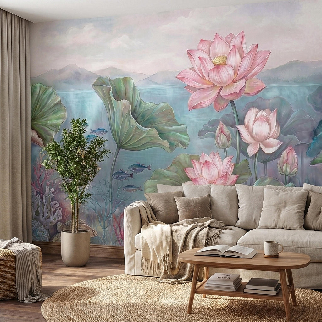 Underwater Lotus and Fish Peel and Stick Wall Mural, Pastel Water Lily Pond with Coral and Angelfish, Soft Coastal Botanical Wallpaper