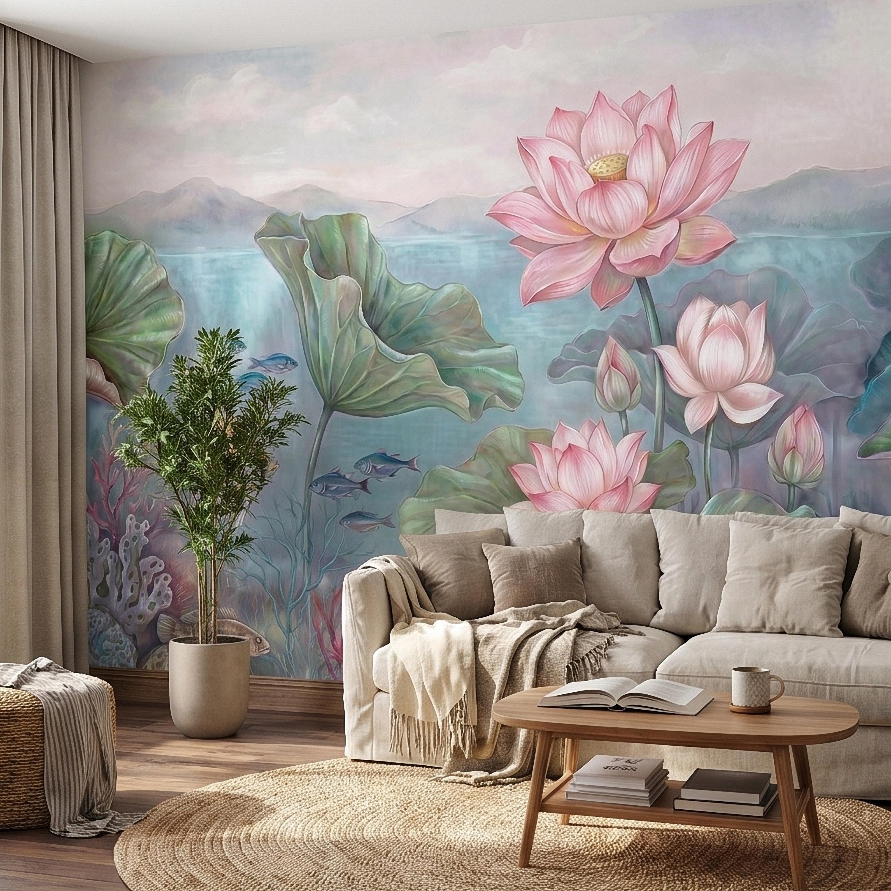 Underwater Lotus and Fish Peel and Stick Wall Mural, Pastel Water Lily Pond with Coral and Angelfish, Soft Coastal Botanical Wallpaper