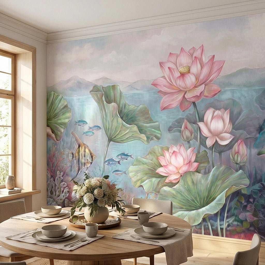 Underwater Lotus and Fish Peel and Stick Wall Mural, Pastel Water Lily Pond with Coral and Angelfish, Soft Coastal Botanical Wallpaper