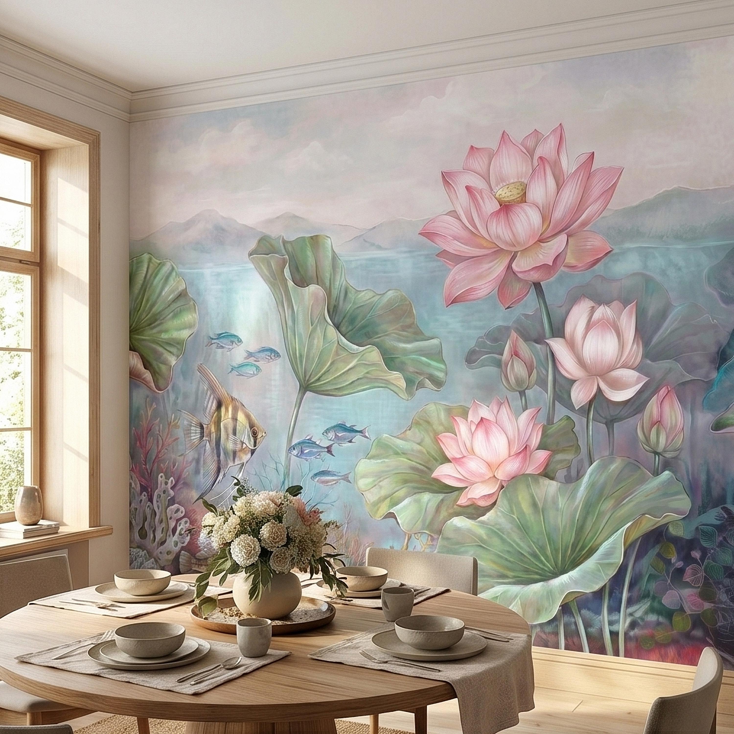 Underwater Lotus and Fish Peel and Stick Wall Mural, Pastel Water Lily Pond with Coral and Angelfish, Soft Coastal Botanical Wallpaper