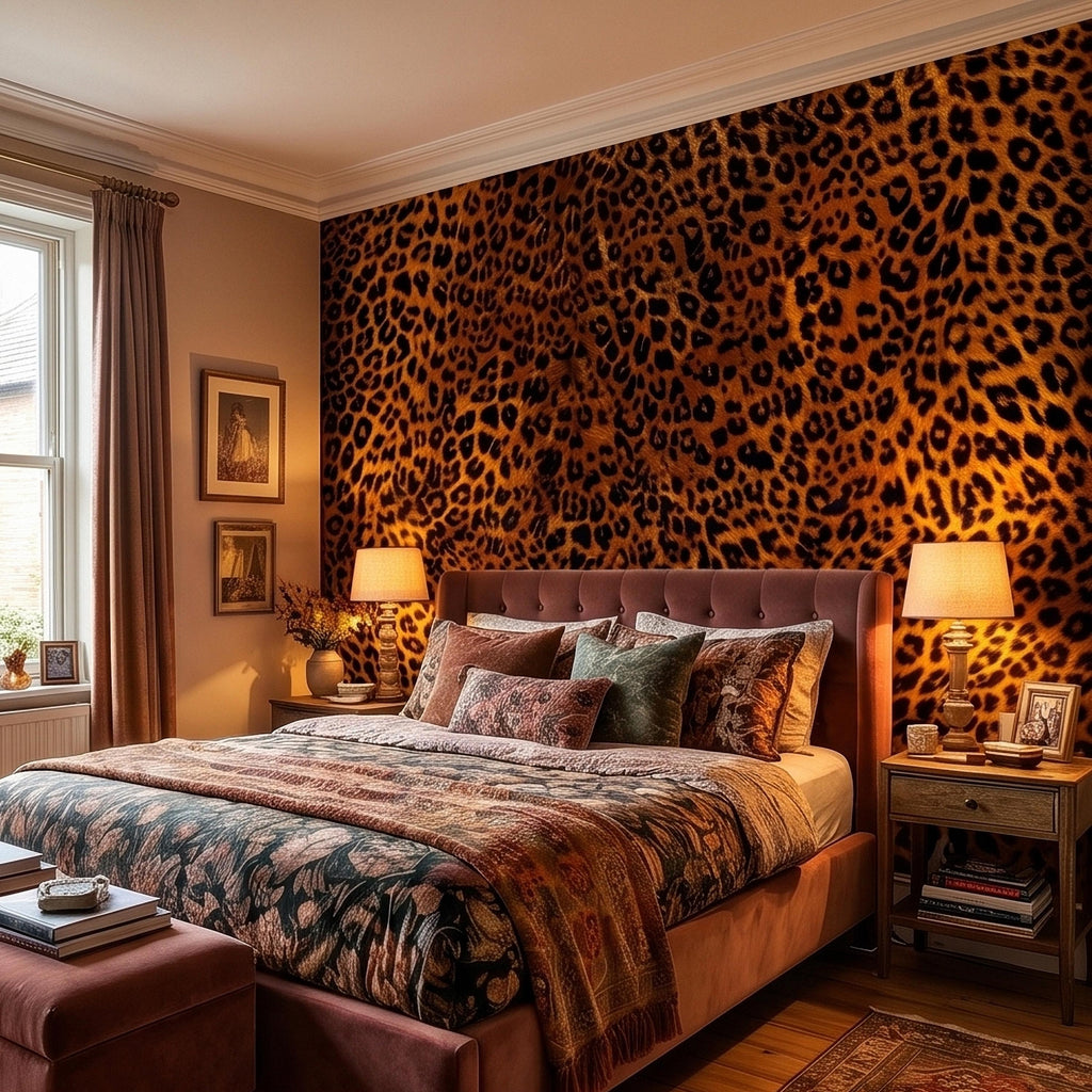 Leopard Print Peel and Stick Wall Mural, Faux Fur Cheetah Spot Animal Pattern Brown and Black, Glam Safari Maximalist Accent Wallpaper