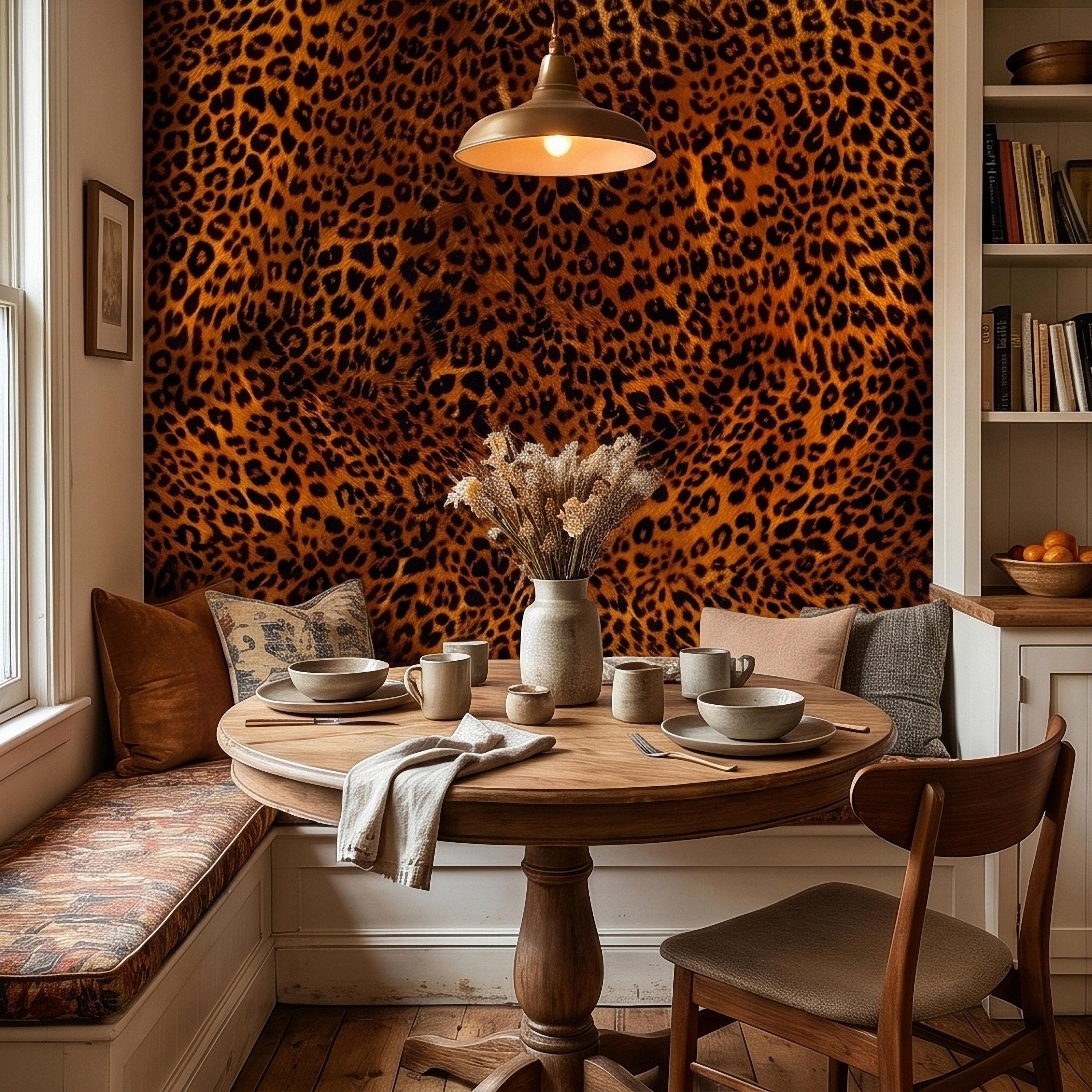 Leopard Print Peel and Stick Wall Mural, Faux Fur Cheetah Spot Animal Pattern Brown and Black, Glam Safari Maximalist Accent Wallpaper