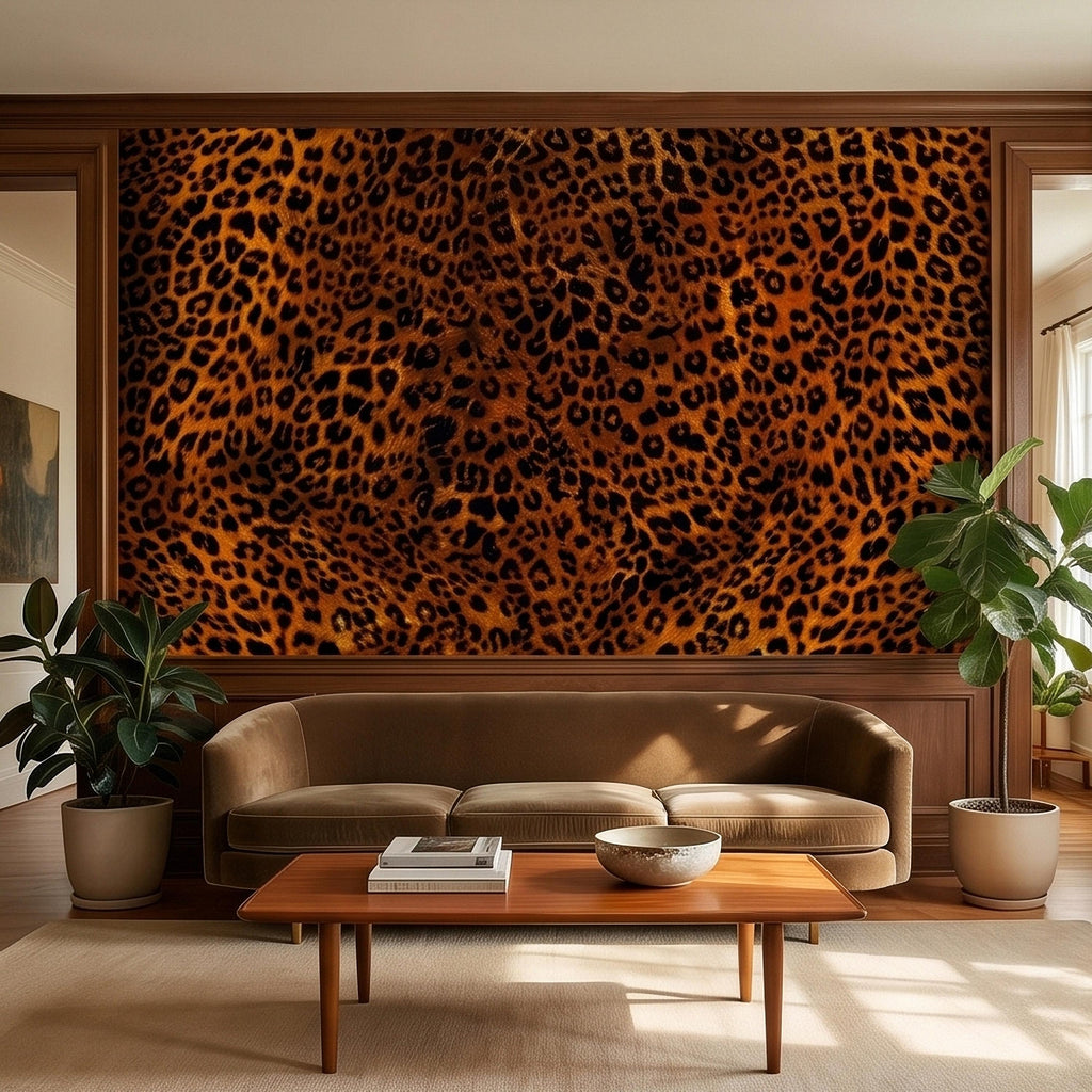 Leopard Print Peel and Stick Wall Mural, Faux Fur Cheetah Spot Animal Pattern Brown and Black, Glam Safari Maximalist Accent Wallpaper