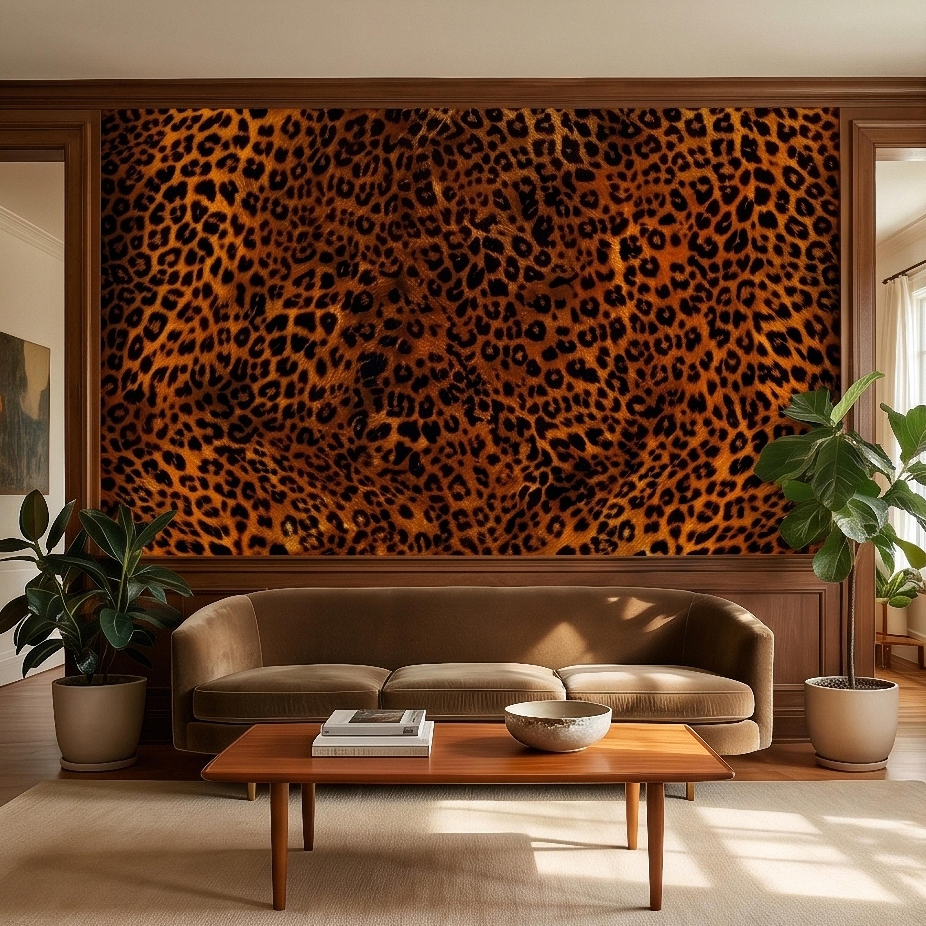 Leopard Print Peel and Stick Wall Mural, Faux Fur Cheetah Spot Animal Pattern Brown and Black, Glam Safari Maximalist Accent Wallpaper