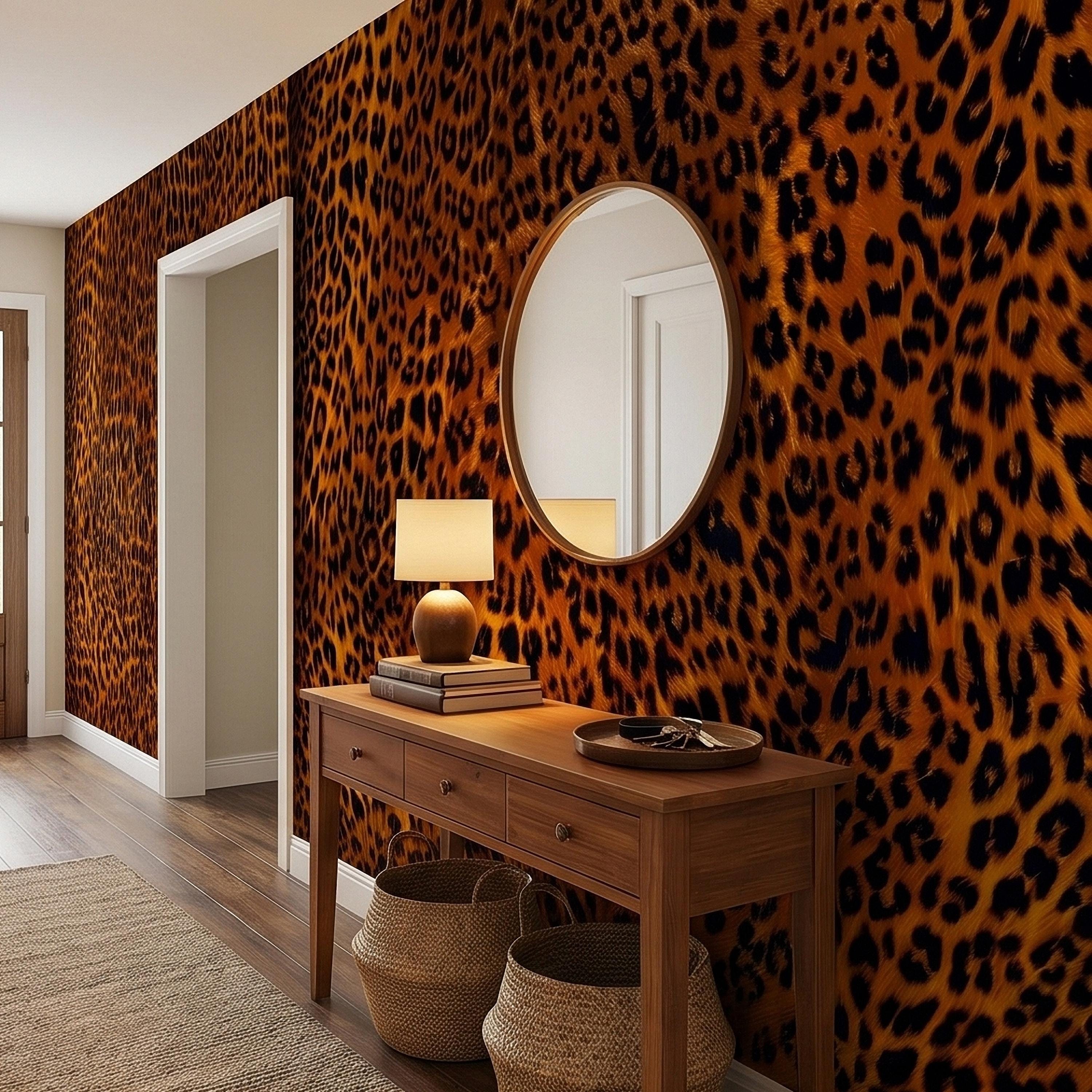 Leopard Print Peel and Stick Wall Mural, Faux Fur Cheetah Spot Animal Pattern Brown and Black, Glam Safari Maximalist Accent Wallpaper