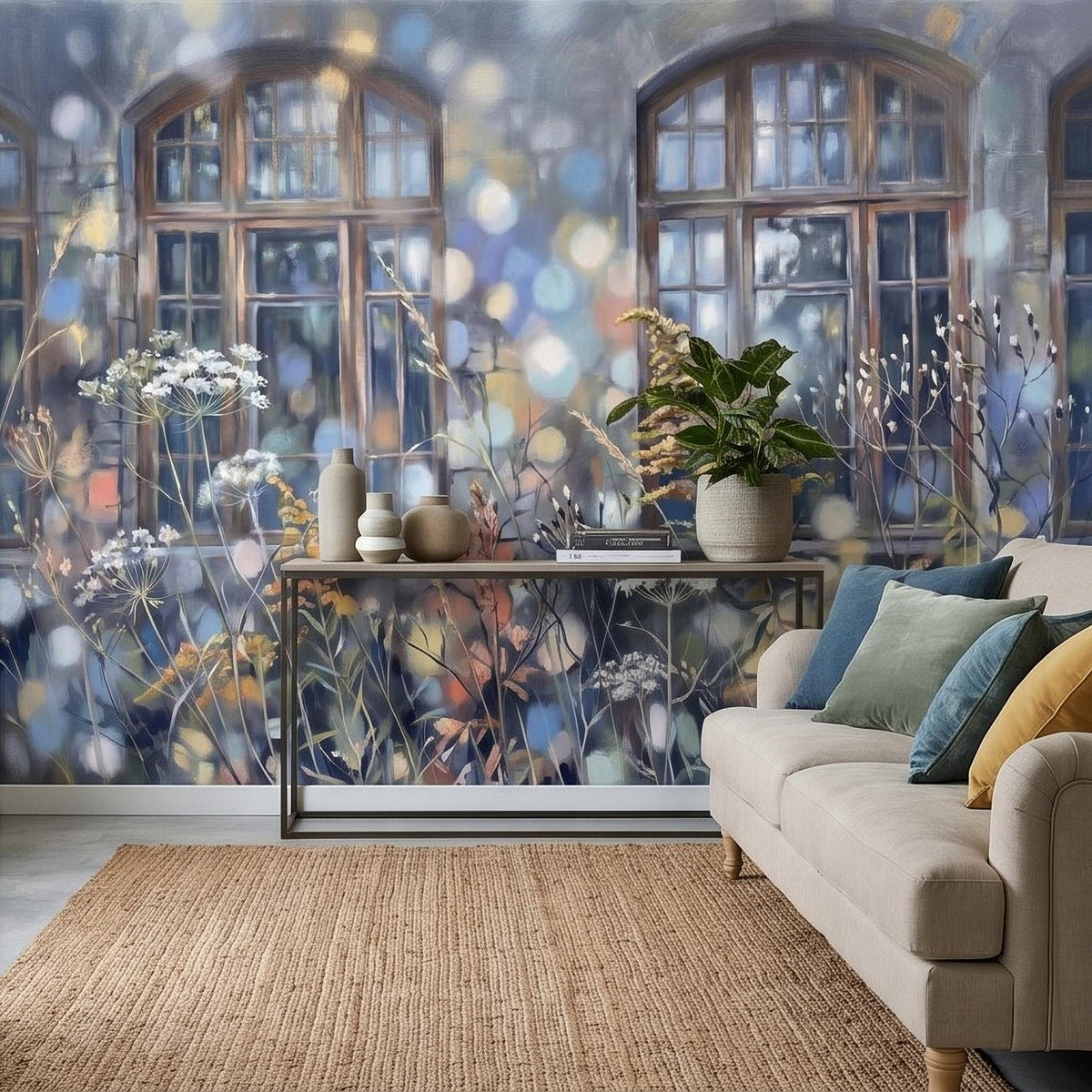Soft bokeh wildflower window wall mural with arched doors and stone facade details