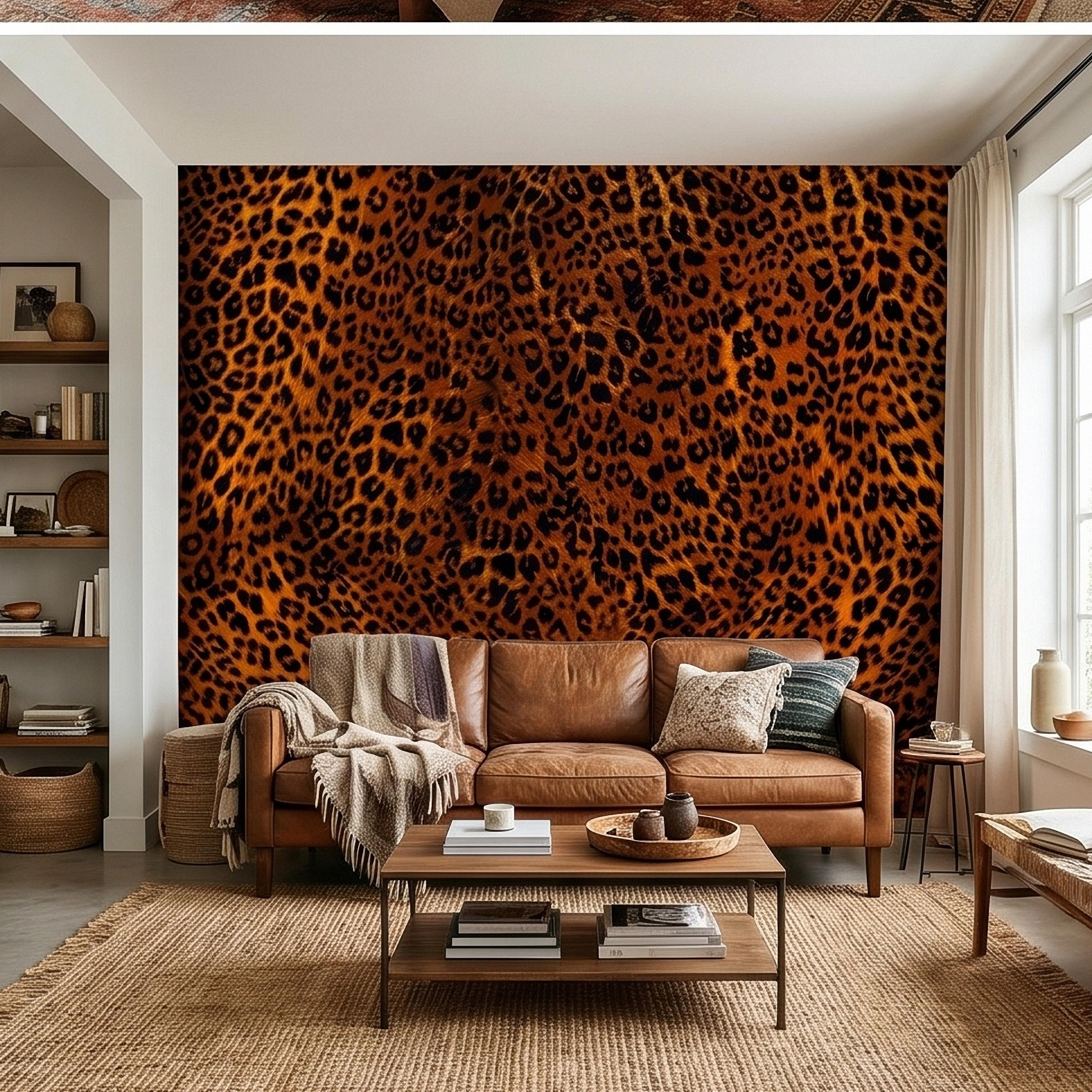 Leopard Print Peel and Stick Wall Mural, Faux Fur Cheetah Spot Animal Pattern Brown and Black, Glam Safari Maximalist Accent Wallpaper