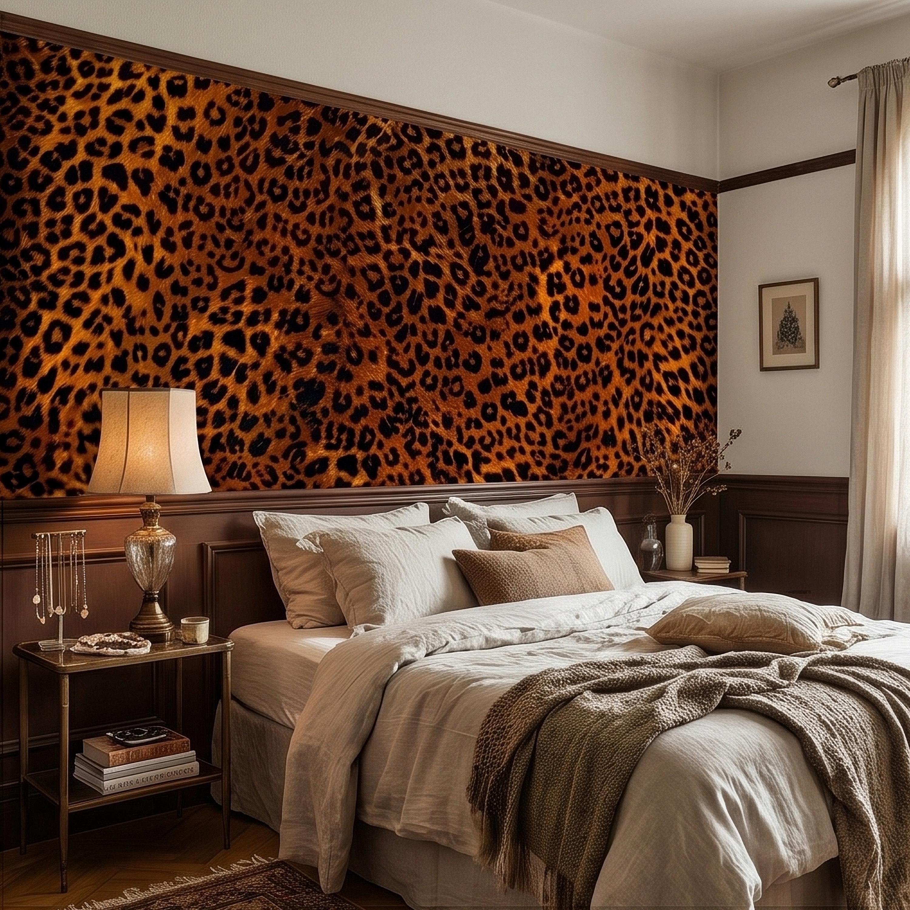 Leopard Print Peel and Stick Wall Mural, Faux Fur Cheetah Spot Animal Pattern Brown and Black, Glam Safari Maximalist Accent Wallpaper