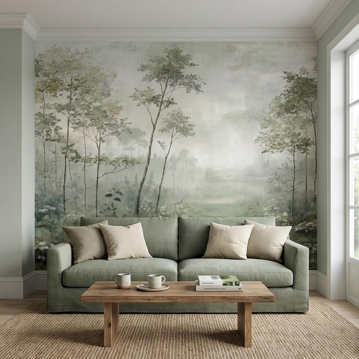 Watercolor forest wall mural with slender tree trunks and pale misty sky
