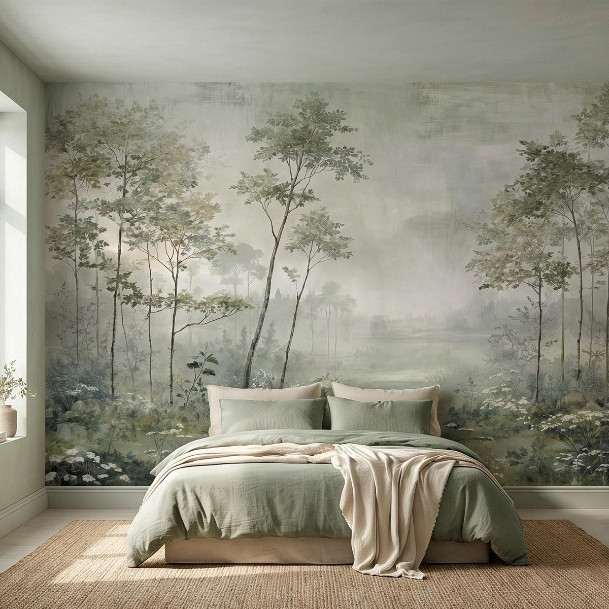 Misty watercolor woodland wall mural with tall trees and soft green foliage