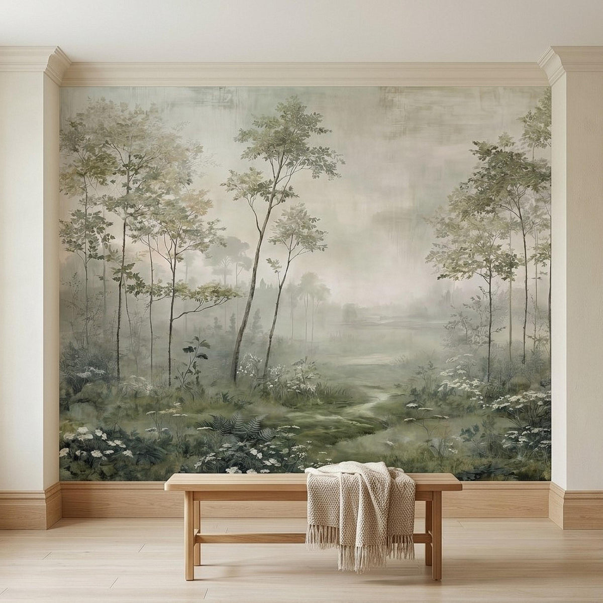 Woodland watercolor wall mural featuring layered trees and a quiet forest path