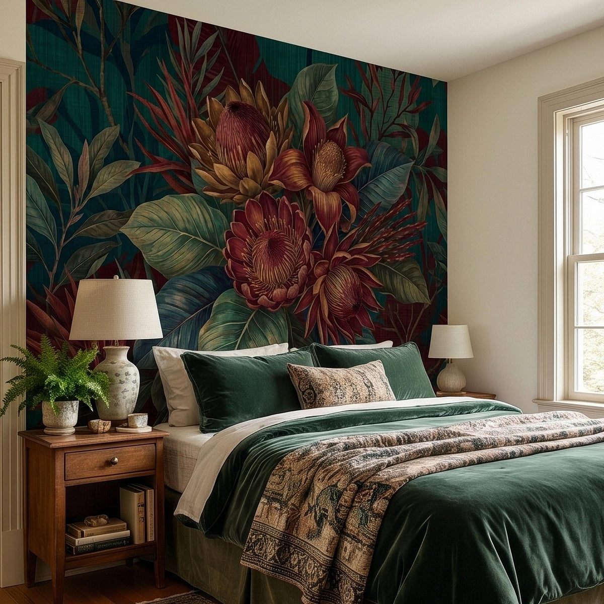 Oversized Protea Floral Peel and Stick Wall Mural, Vintage Tropical Botanical Leaves in Deep Teal and Burgundy, Moody Dark Floral Wallpaper - The Fine Art Murals