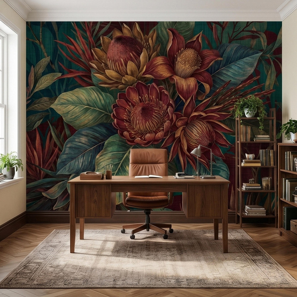 Oversized Protea Floral Peel and Stick Wall Mural, Vintage Tropical Botanical Leaves in Deep Teal and Burgundy, Moody Dark Floral Wallpaper - The Fine Art Murals