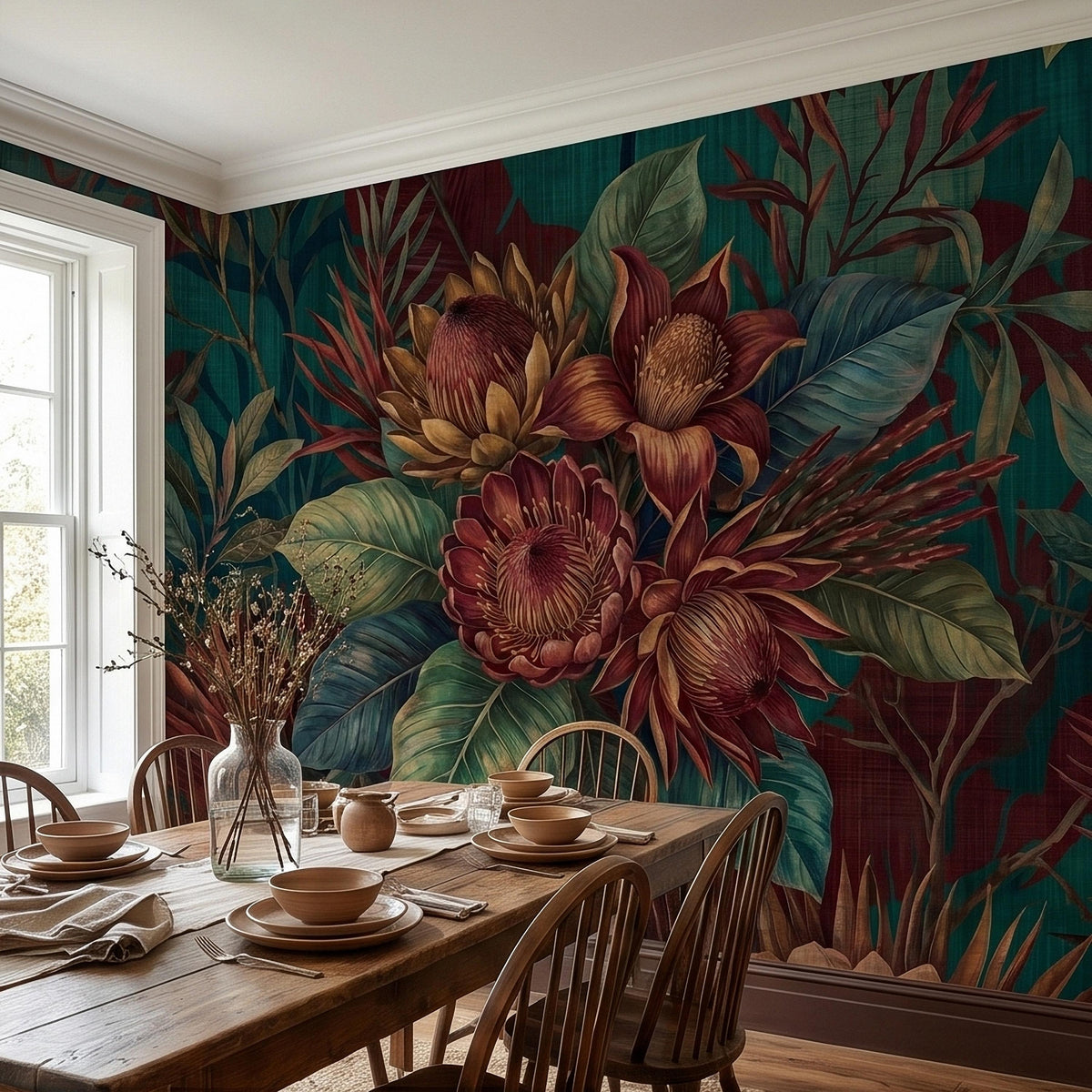 Oversized Protea Floral Peel and Stick Wall Mural, Vintage Tropical Botanical Leaves in Deep Teal and Burgundy, Moody Dark Floral Wallpaper - The Fine Art Murals