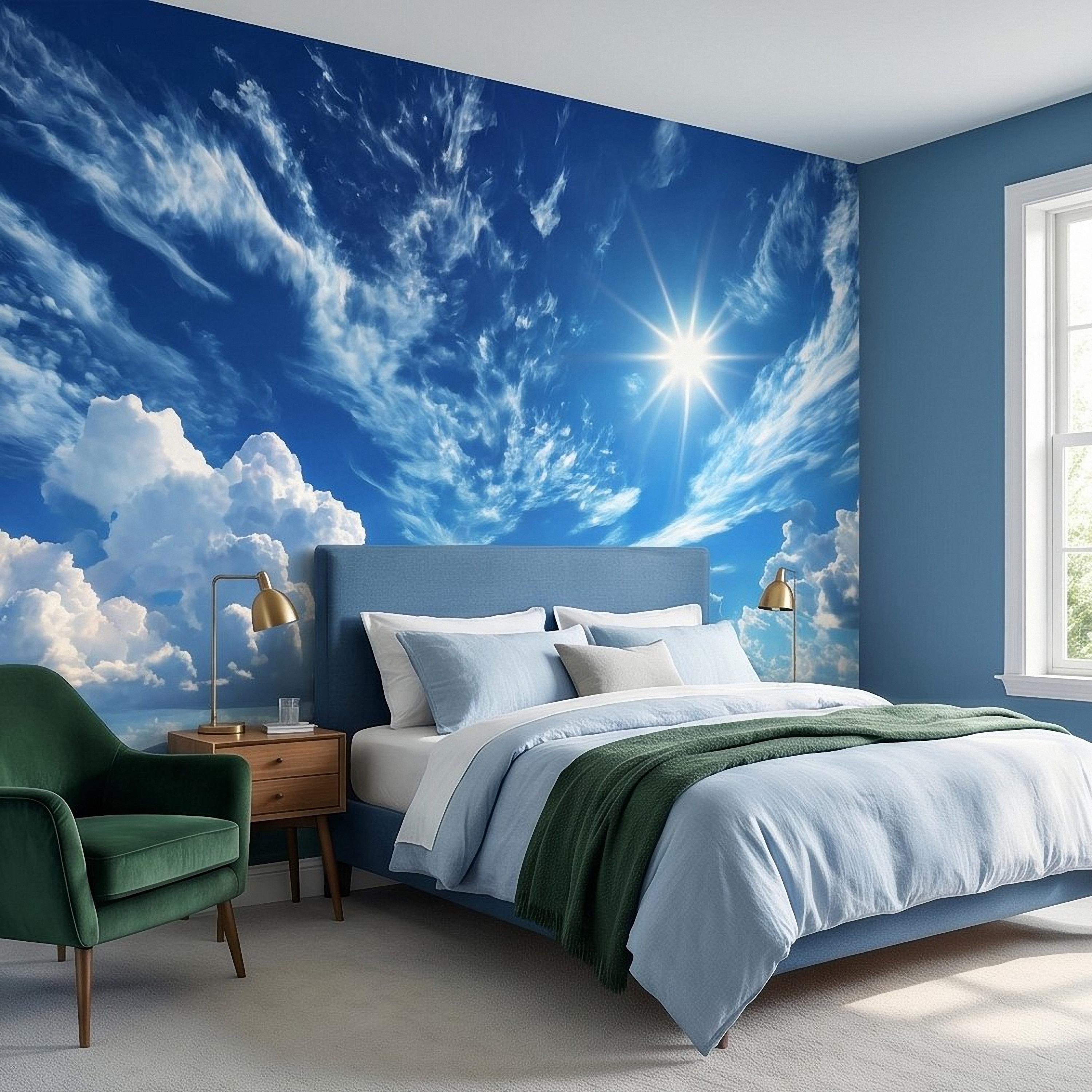 Blue Sky Clouds Peel and Stick Wall Mural, Bright Sunny Day Cumulus Cloudscape, Open Air Ceiling Illusion, Wide Horizon Landscape Wallpaper