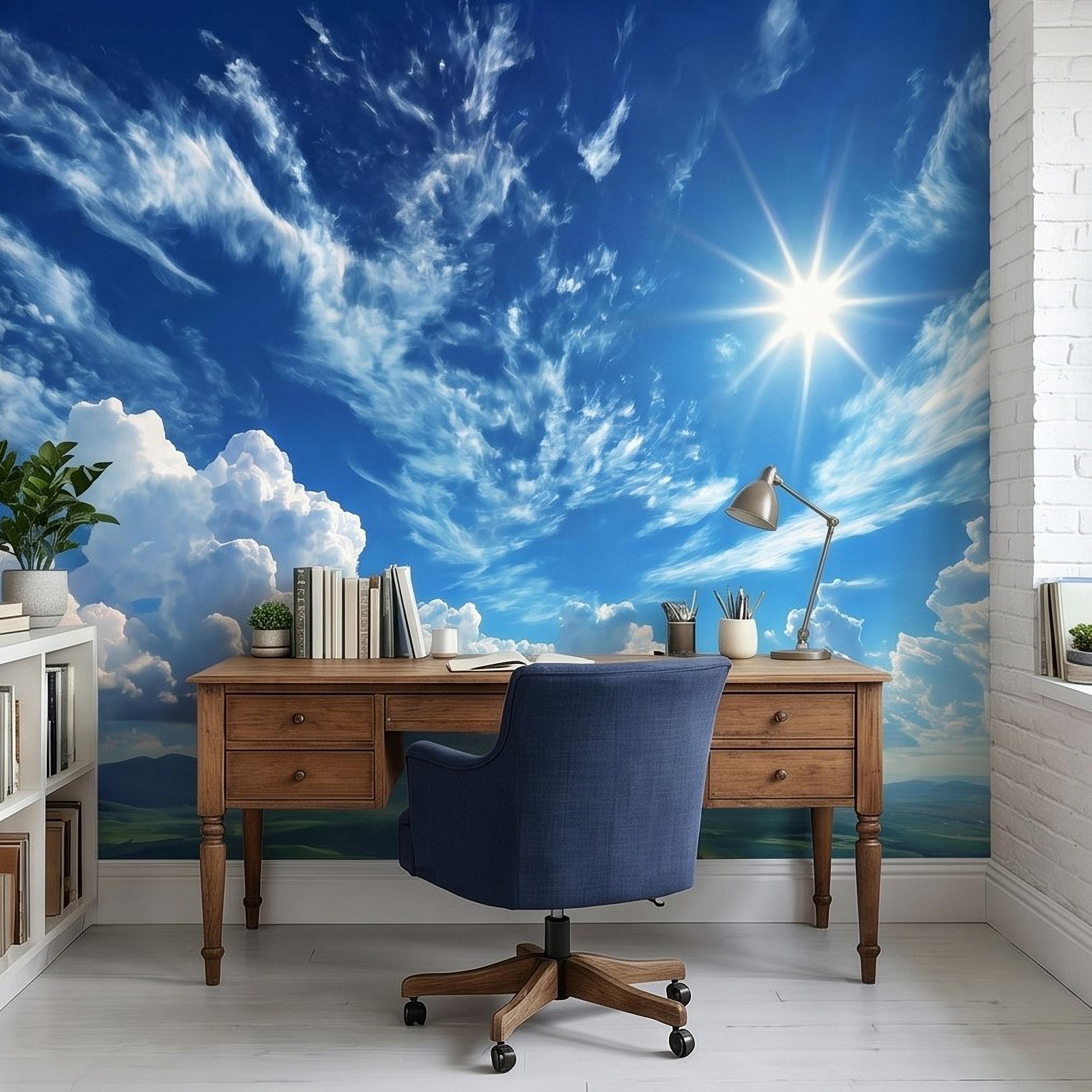 Blue Sky Clouds Peel and Stick Wall Mural, Bright Sunny Day Cumulus Cloudscape, Open Air Ceiling Illusion, Wide Horizon Landscape Wallpaper