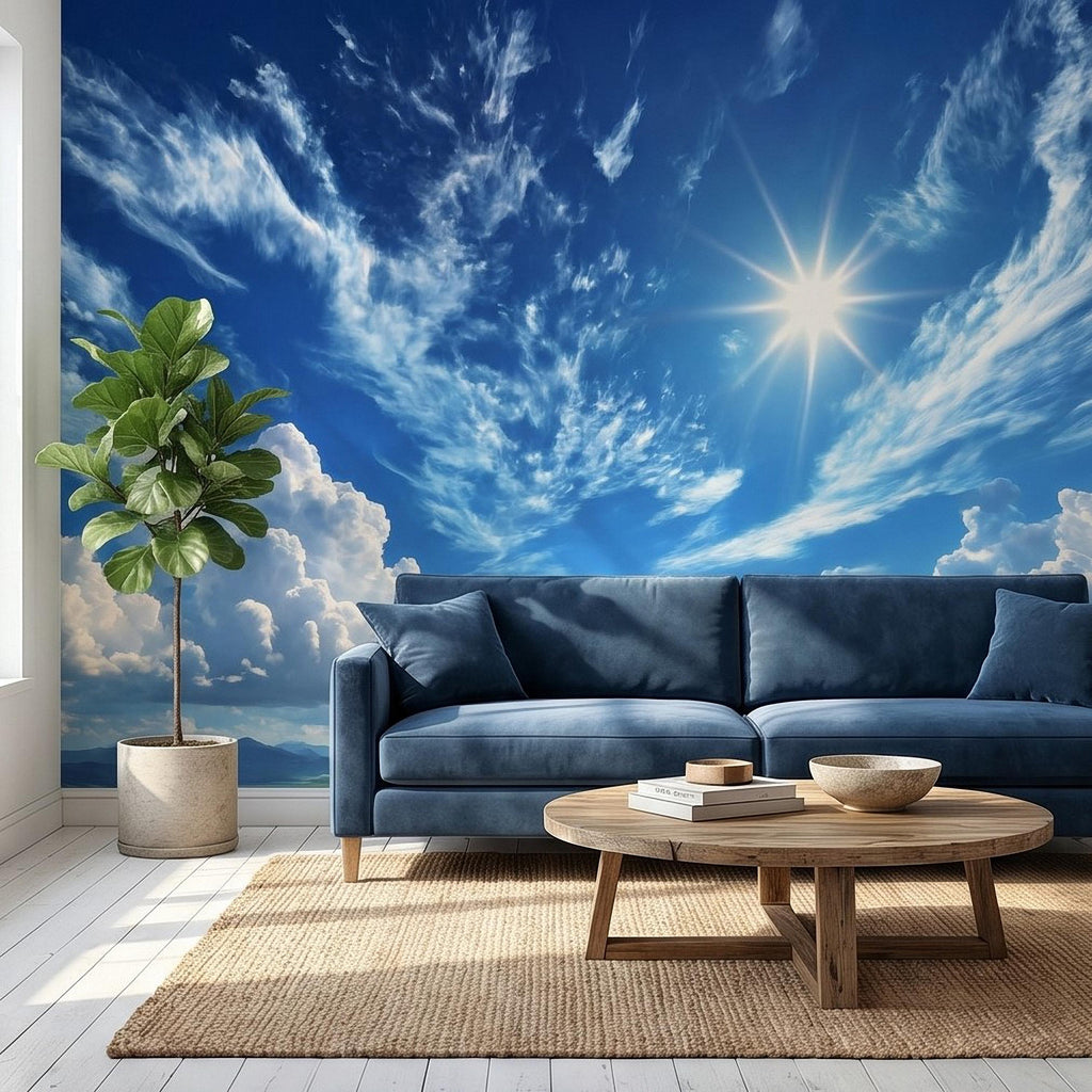 Blue Sky Clouds Peel and Stick Wall Mural, Bright Sunny Day Cumulus Cloudscape, Open Air Ceiling Illusion, Wide Horizon Landscape Wallpaper