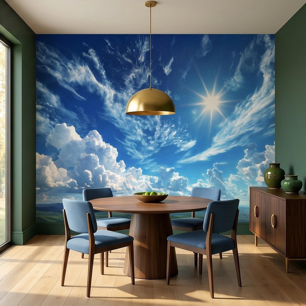 Blue Sky Clouds Peel and Stick Wall Mural, Bright Sunny Day Cumulus Cloudscape, Open Air Ceiling Illusion, Wide Horizon Landscape Wallpaper