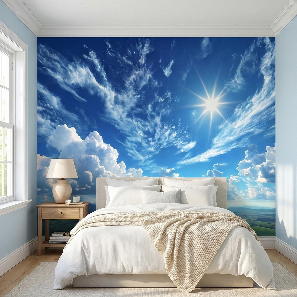 Blue Sky Clouds Peel and Stick Wall Mural, Bright Sunny Day Cumulus Cloudscape, Open Air Ceiling Illusion, Wide Horizon Landscape Wallpaper