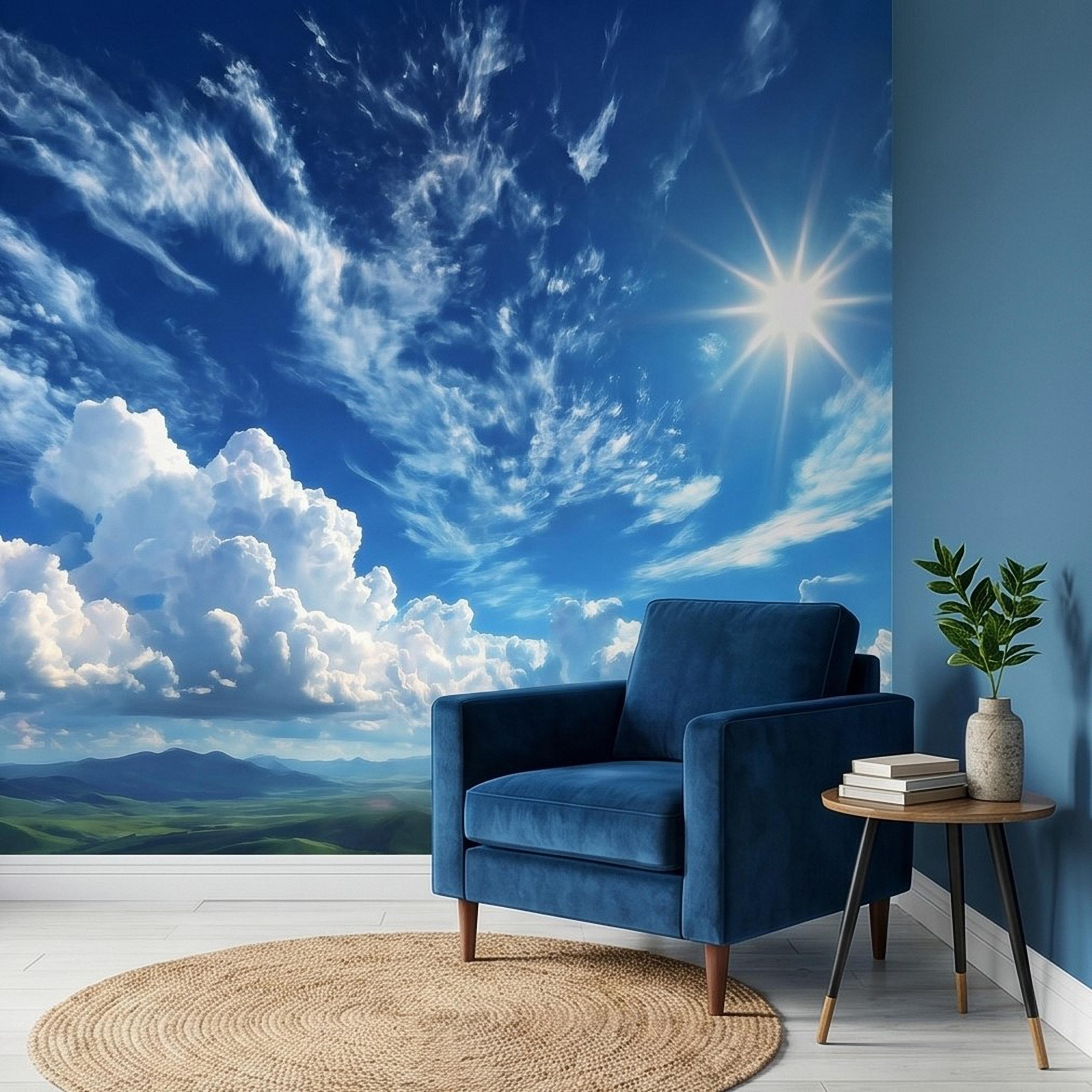 Blue Sky Clouds Peel and Stick Wall Mural, Bright Sunny Day Cumulus Cloudscape, Open Air Ceiling Illusion, Wide Horizon Landscape Wallpaper
