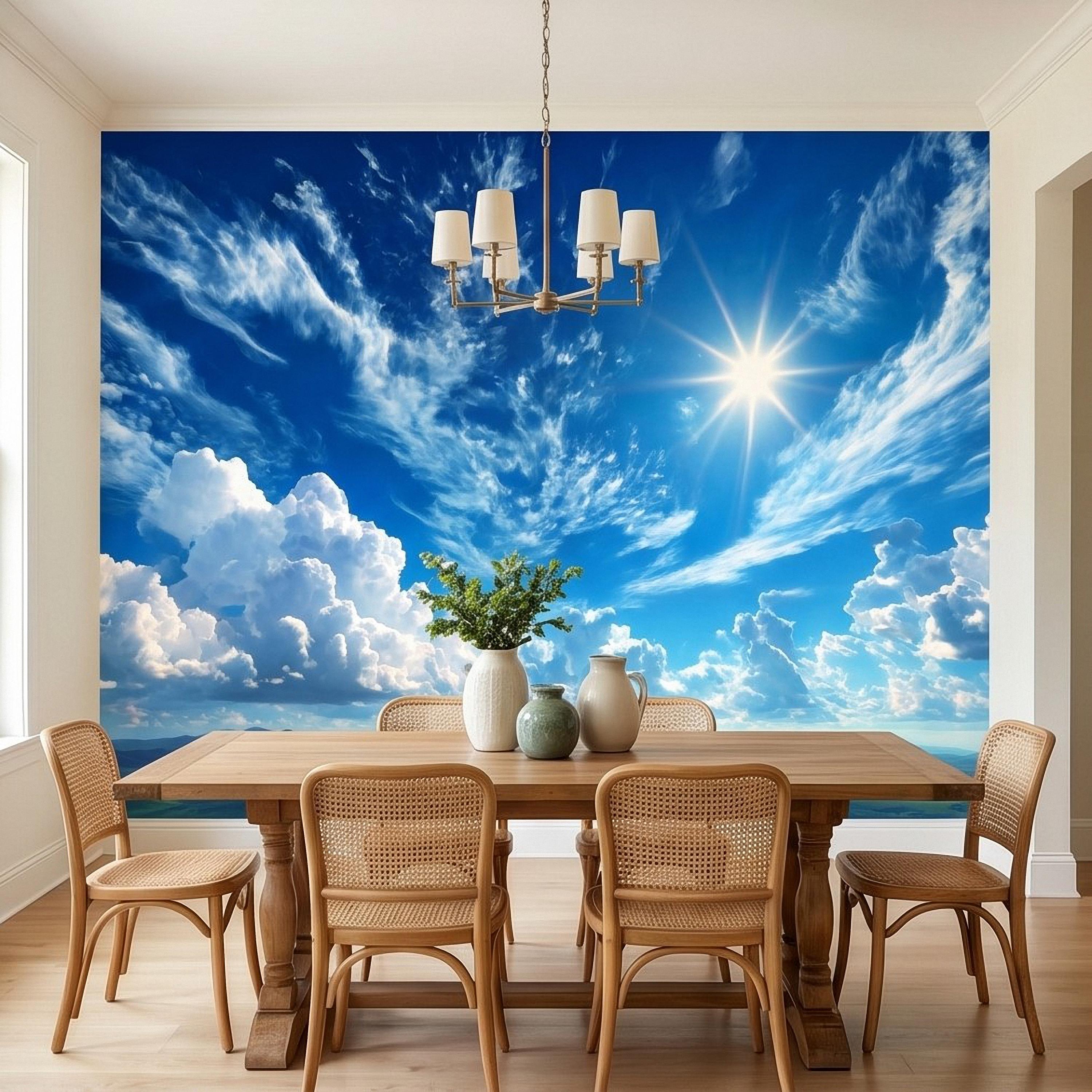 Blue Sky Clouds Peel and Stick Wall Mural, Bright Sunny Day Cumulus Cloudscape, Open Air Ceiling Illusion, Wide Horizon Landscape Wallpaper