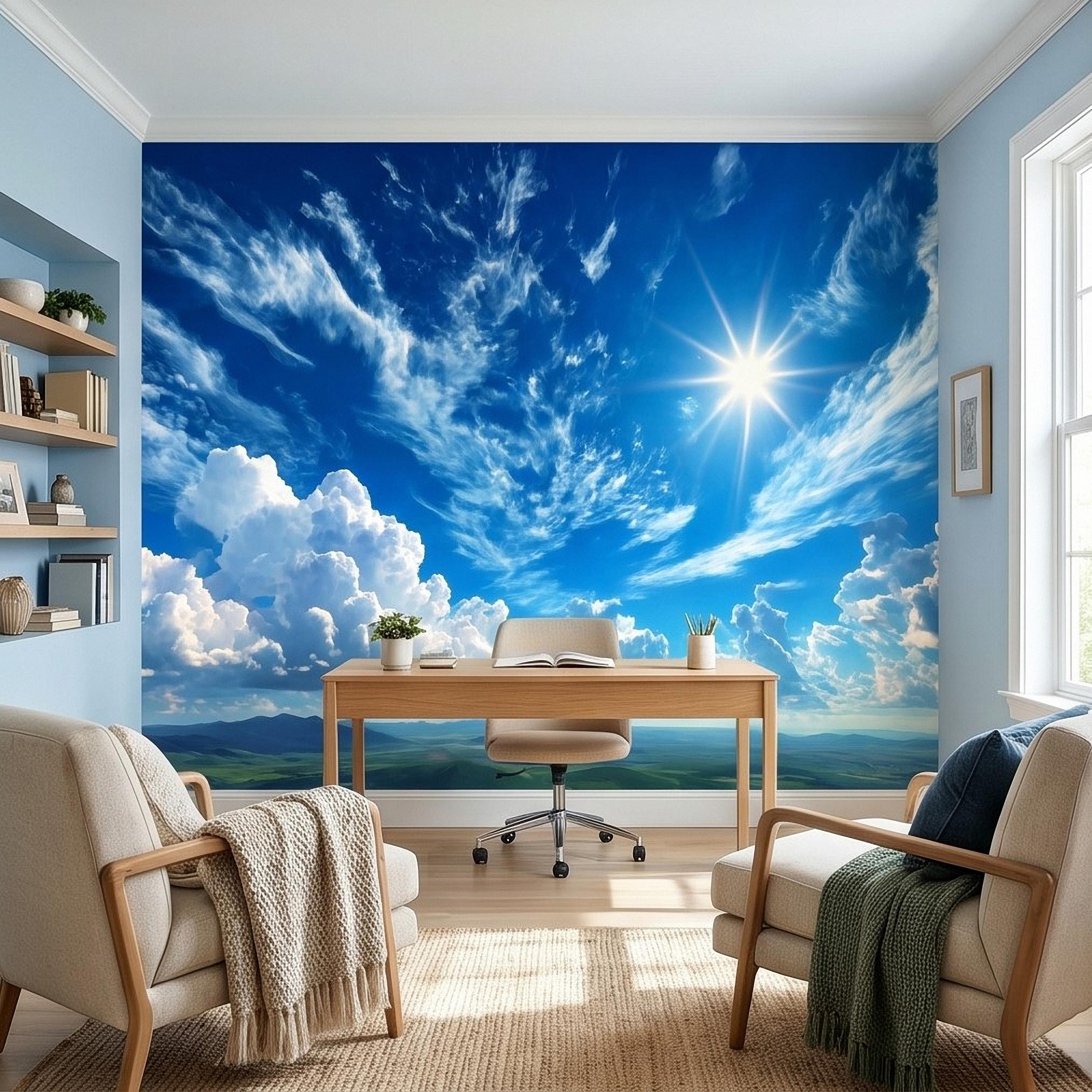 Blue Sky Clouds Peel and Stick Wall Mural, Bright Sunny Day Cumulus Cloudscape, Open Air Ceiling Illusion, Wide Horizon Landscape Wallpaper