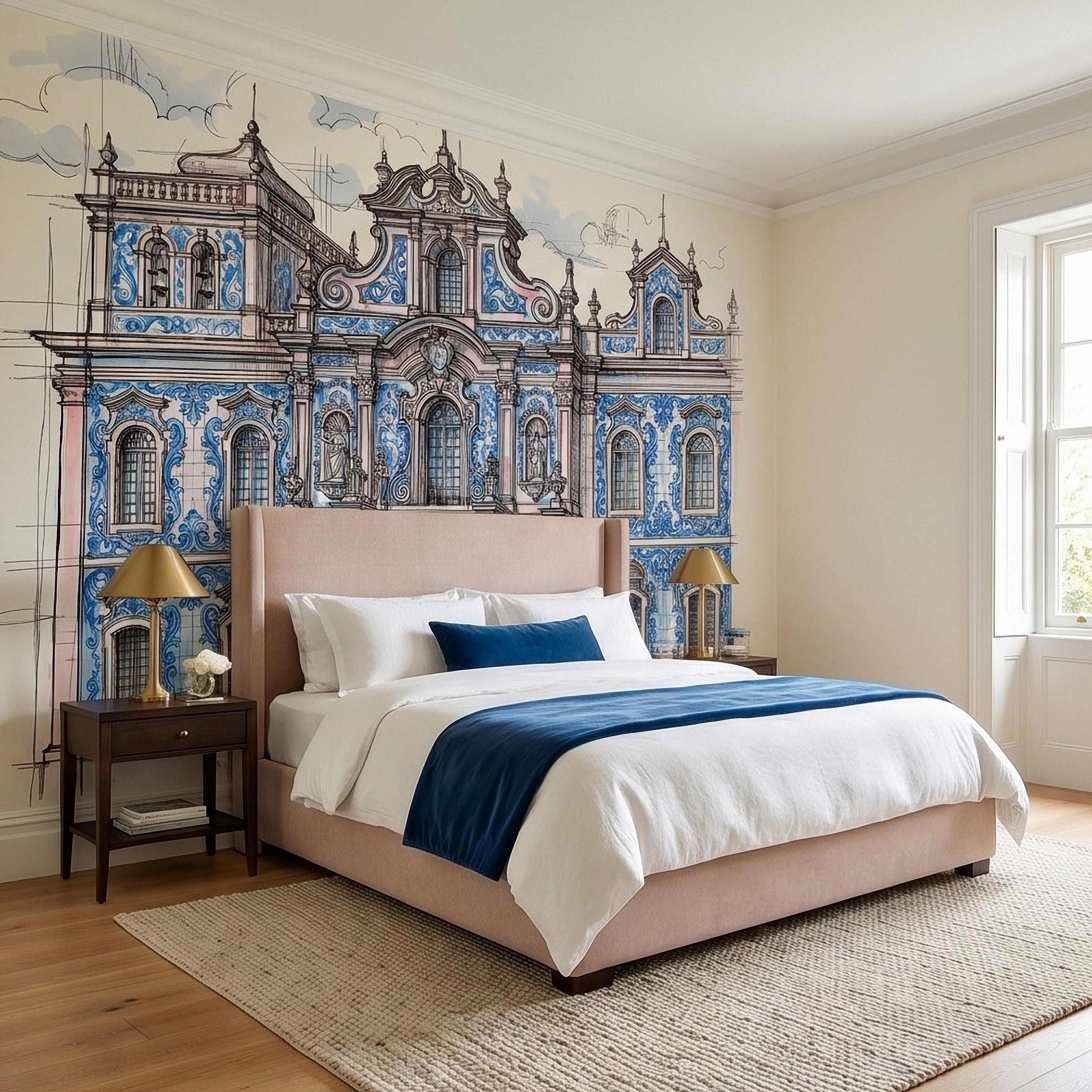 Portuguese Azulejo Tile Building Peel and Stick Wall Mural, Blue White Baroque Facade Sketch, Lisbon Architecture Illustration Wallpaper