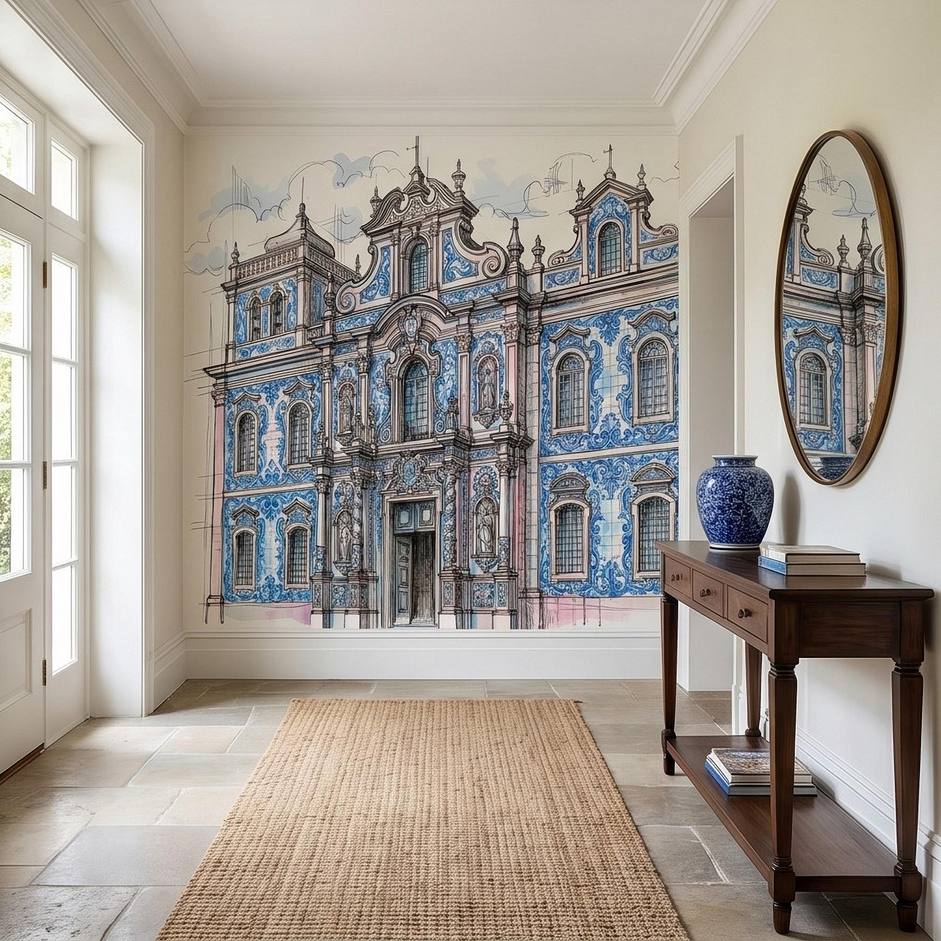 Portuguese Azulejo Tile Building Peel and Stick Wall Mural, Blue White Baroque Facade Sketch, Lisbon Architecture Illustration Wallpaper