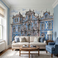 Portuguese Azulejo Tile Building Peel and Stick Wall Mural, Blue White Baroque Facade Sketch, Lisbon Architecture Illustration Wallpaper
