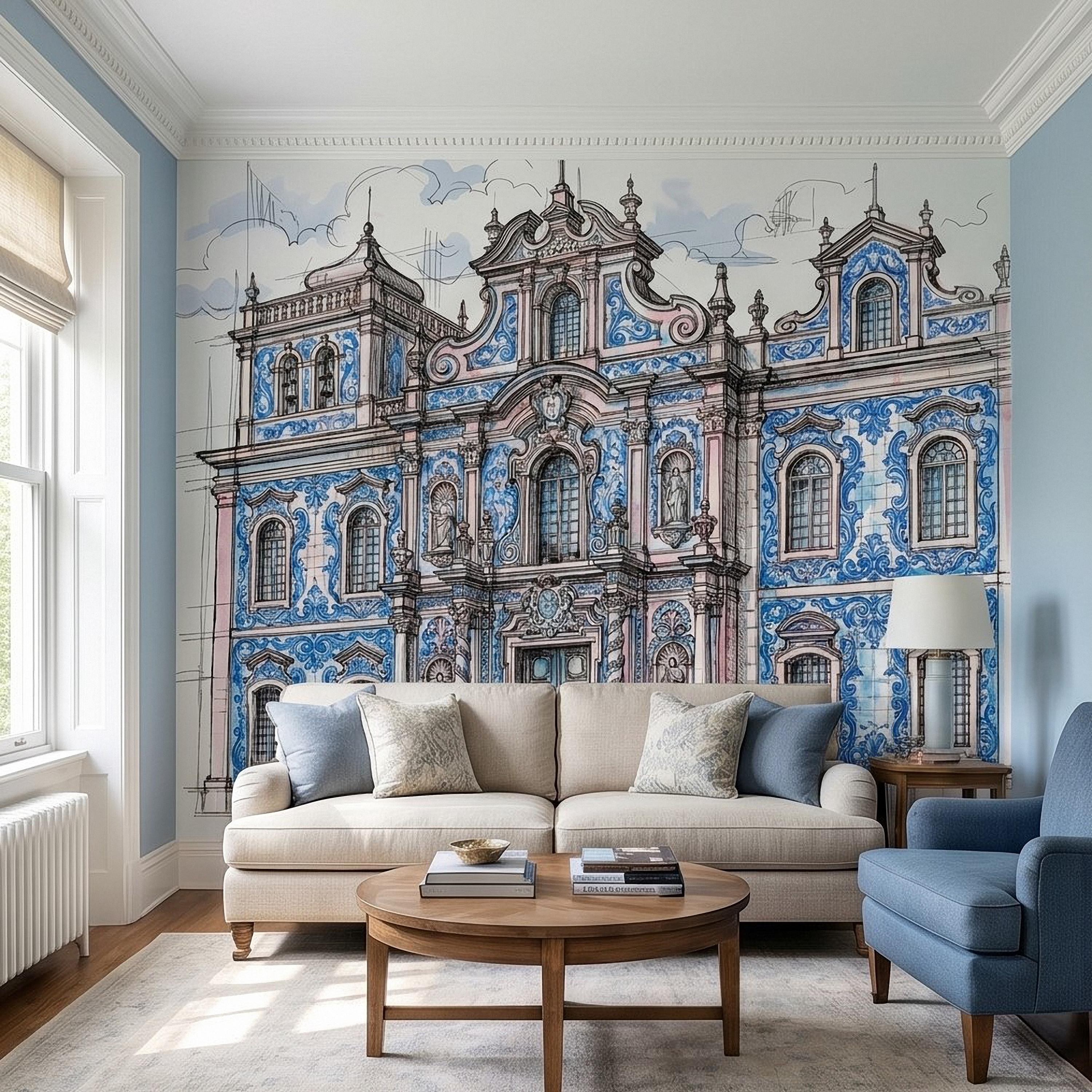 Portuguese Azulejo Tile Building Peel and Stick Wall Mural, Blue White Baroque Facade Sketch, Lisbon Architecture Illustration Wallpaper