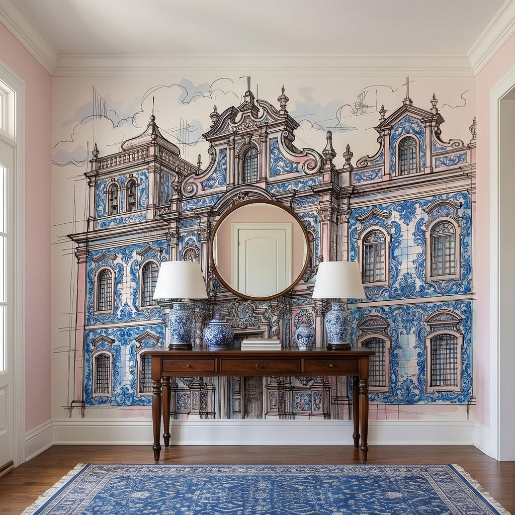 Portuguese Azulejo Tile Building Peel and Stick Wall Mural, Blue White Baroque Facade Sketch, Lisbon Architecture Illustration Wallpaper