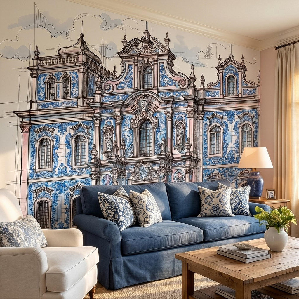 Portuguese Azulejo Tile Building Peel and Stick Wall Mural, Blue White Baroque Facade Sketch, Lisbon Architecture Illustration Wallpaper