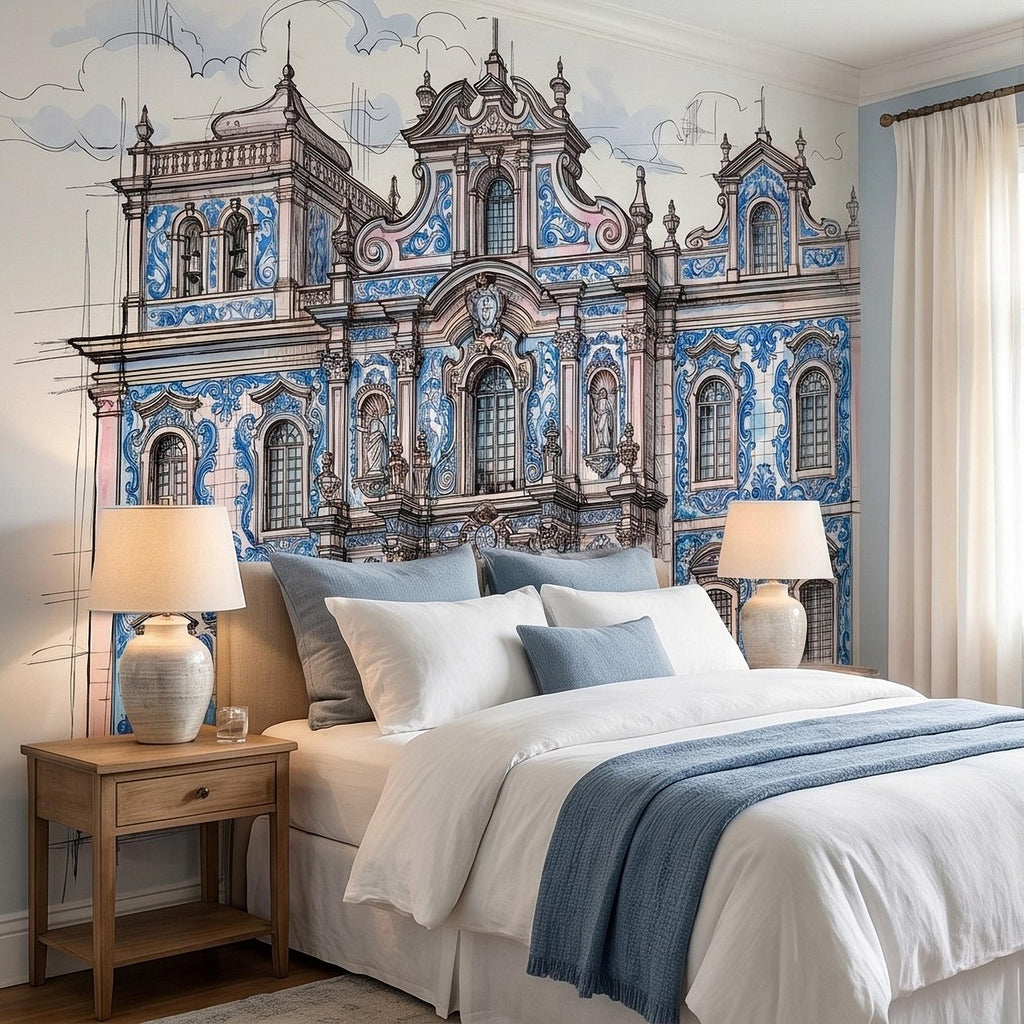 Portuguese Azulejo Tile Building Peel and Stick Wall Mural, Blue White Baroque Facade Sketch, Lisbon Architecture Illustration Wallpaper