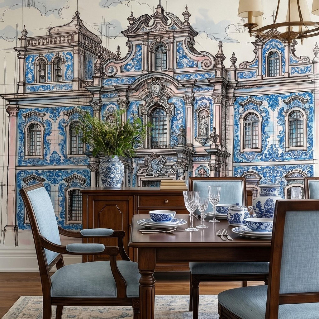 Portuguese Azulejo Tile Building Peel and Stick Wall Mural, Blue White Baroque Facade Sketch, Lisbon Architecture Illustration Wallpaper