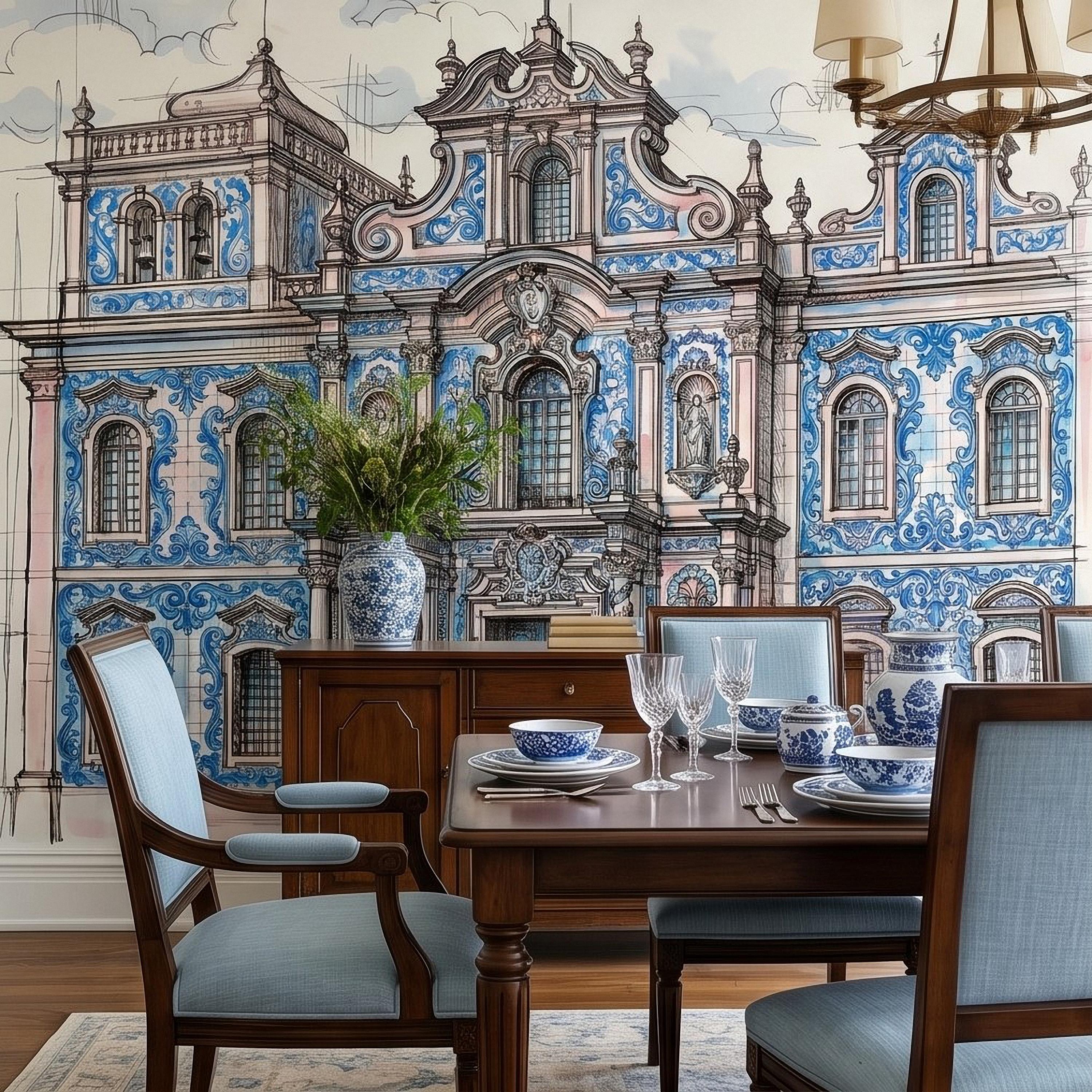 Portuguese Azulejo Tile Building Peel and Stick Wall Mural, Blue White Baroque Facade Sketch, Lisbon Architecture Illustration Wallpaper