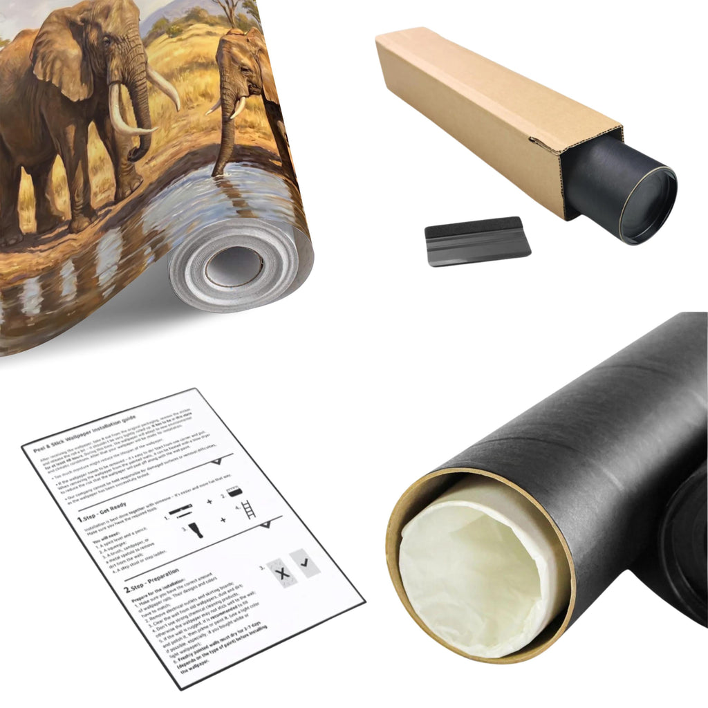African Elephant Family Peel and Stick Wall Mural, Safari Savanna Watering Hole Acacia Trees, Golden Wildlife Landscape Watercolor Wallpaper